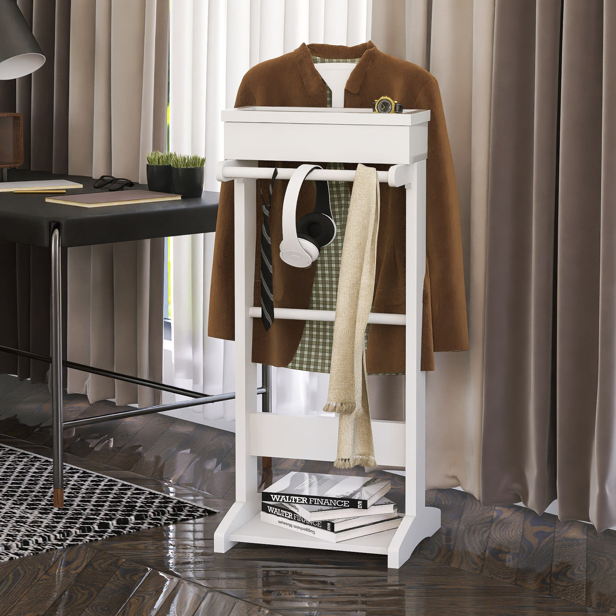 White Portable Garment Rack,Clothes Valet Stand with Storage Organizer