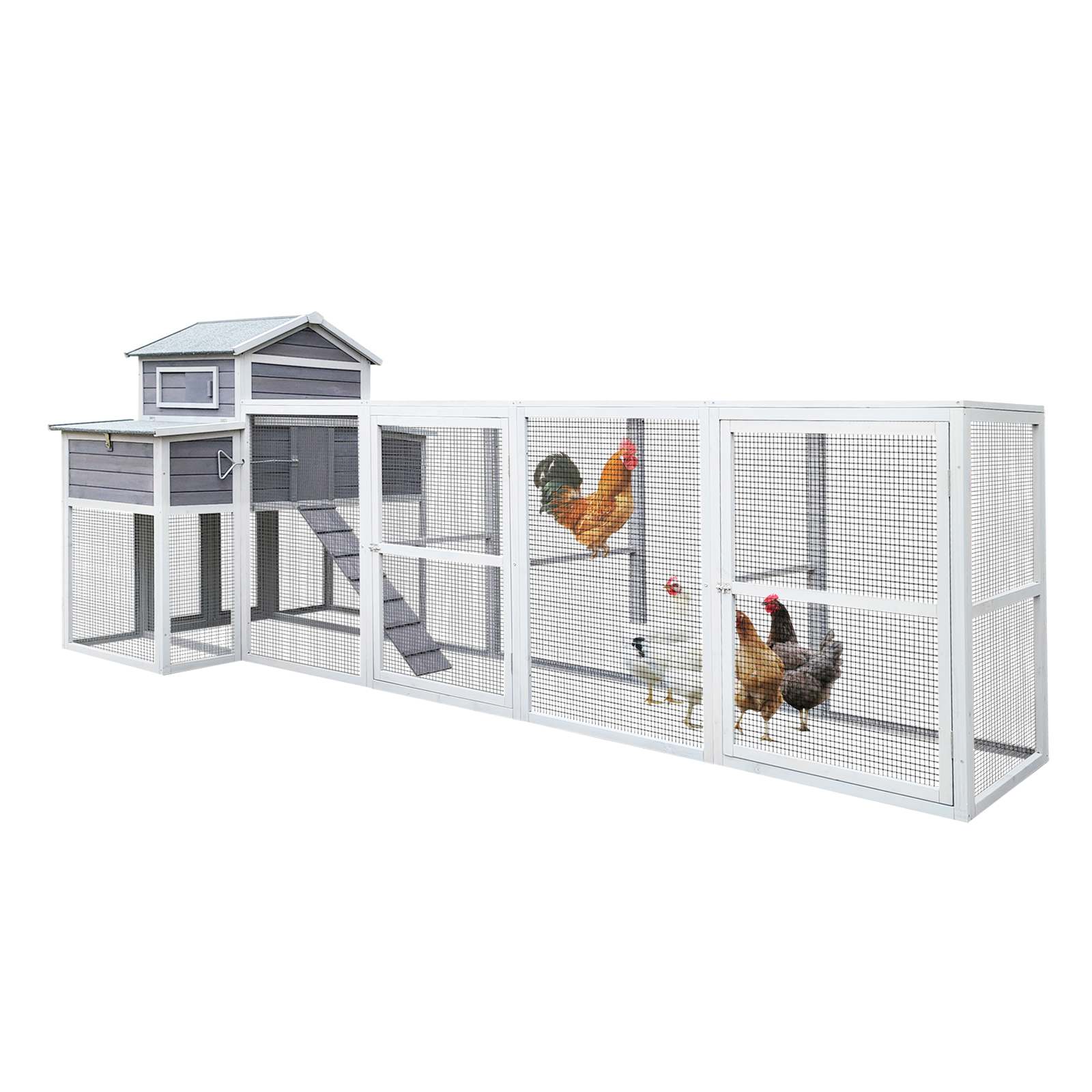 150＂Chicken Coop Extra Large Chicken House, Outdoor Wooden Hen House Black Rust-proof Metal Wire Poultry Cage with Two Nesting Boxes, 5 Perches