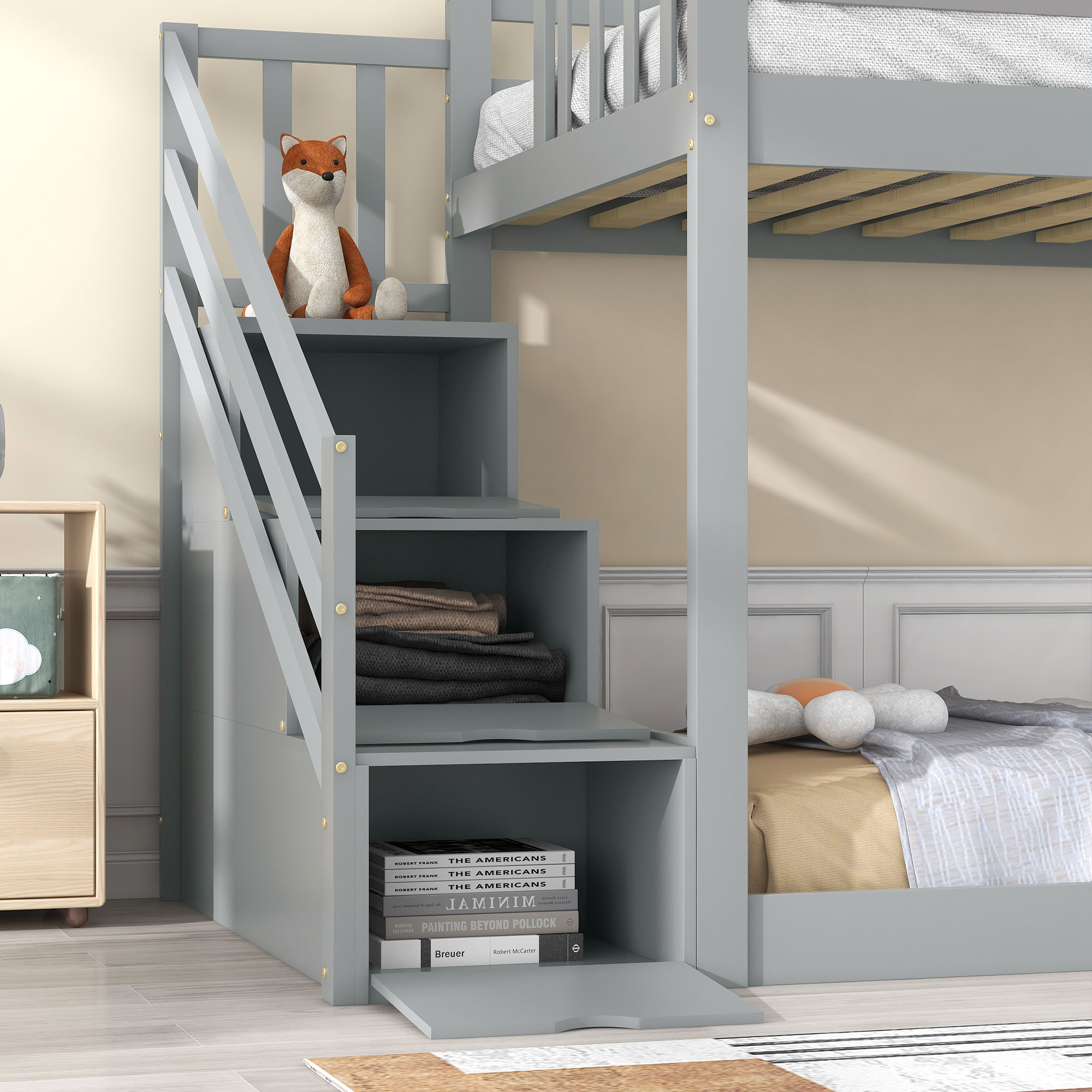 Lit superposé Xiaogazi Lit superposé avec escalier espace de rangement, lit  cabane avec toboggan, lit enfant avec protection antichute, cadre en bois,  naturel + blanc