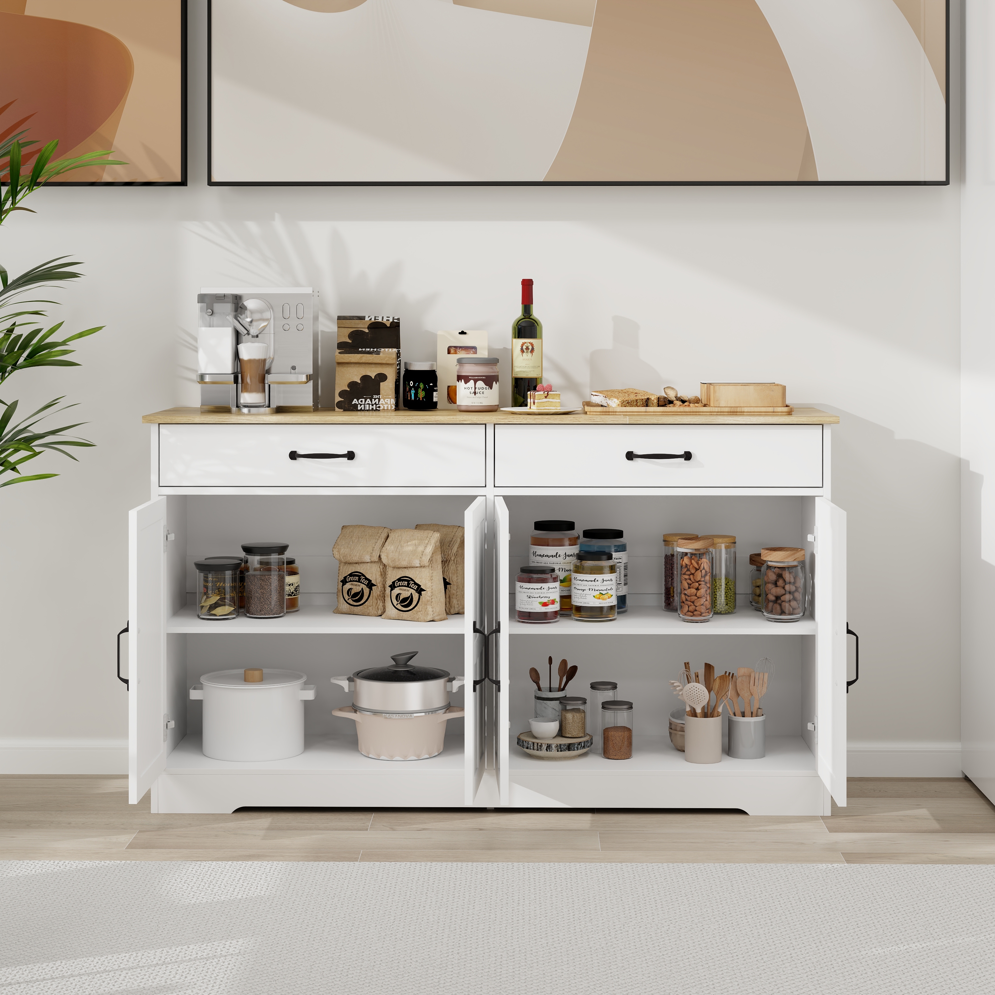 55.91" Large Farmhouse Buffet Cabinet Storage Sideboard with 2 Drawers and 4 Doors for Dining Living Room Kitchen Cupboard-White