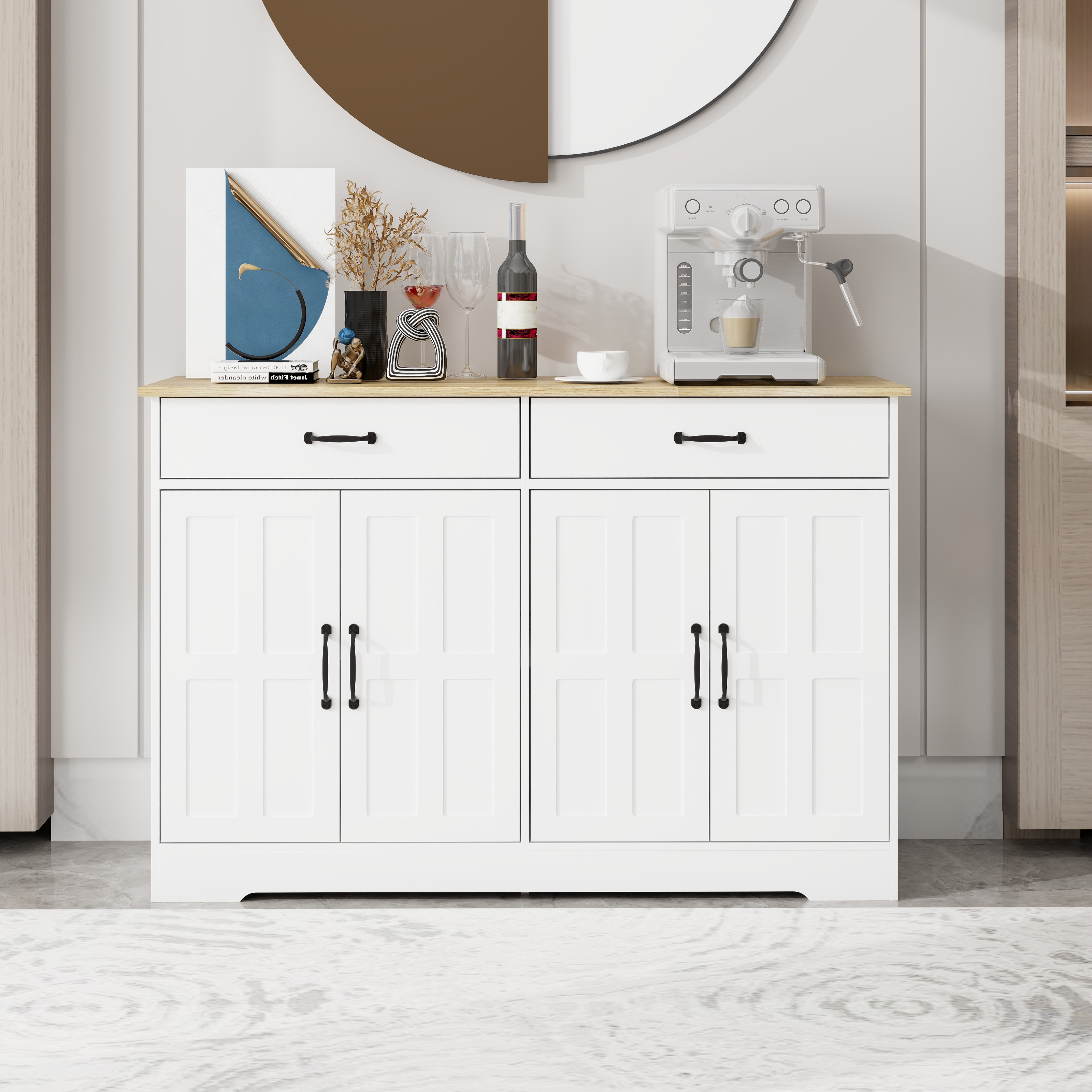 47.95" Farmhouse Buffet Cabinet Storage Sideboard with 2 Drawers and 4 Doors for Dining Living Room Kitchen Cupboard-White