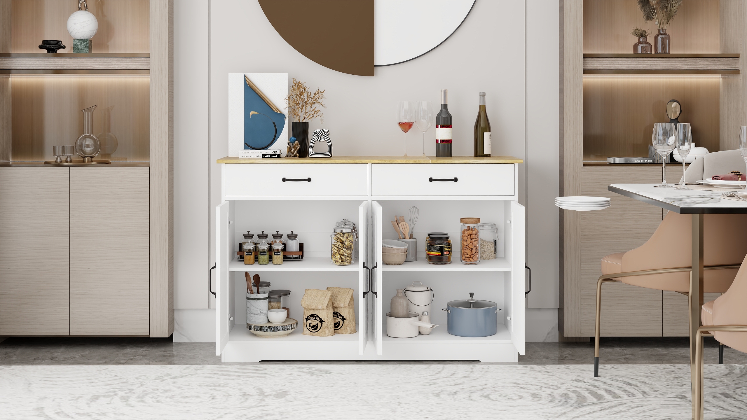 47.95" Farmhouse Buffet Cabinet Storage Sideboard with 2 Drawers and 4 Doors for Dining Living Room Kitchen Cupboard-White