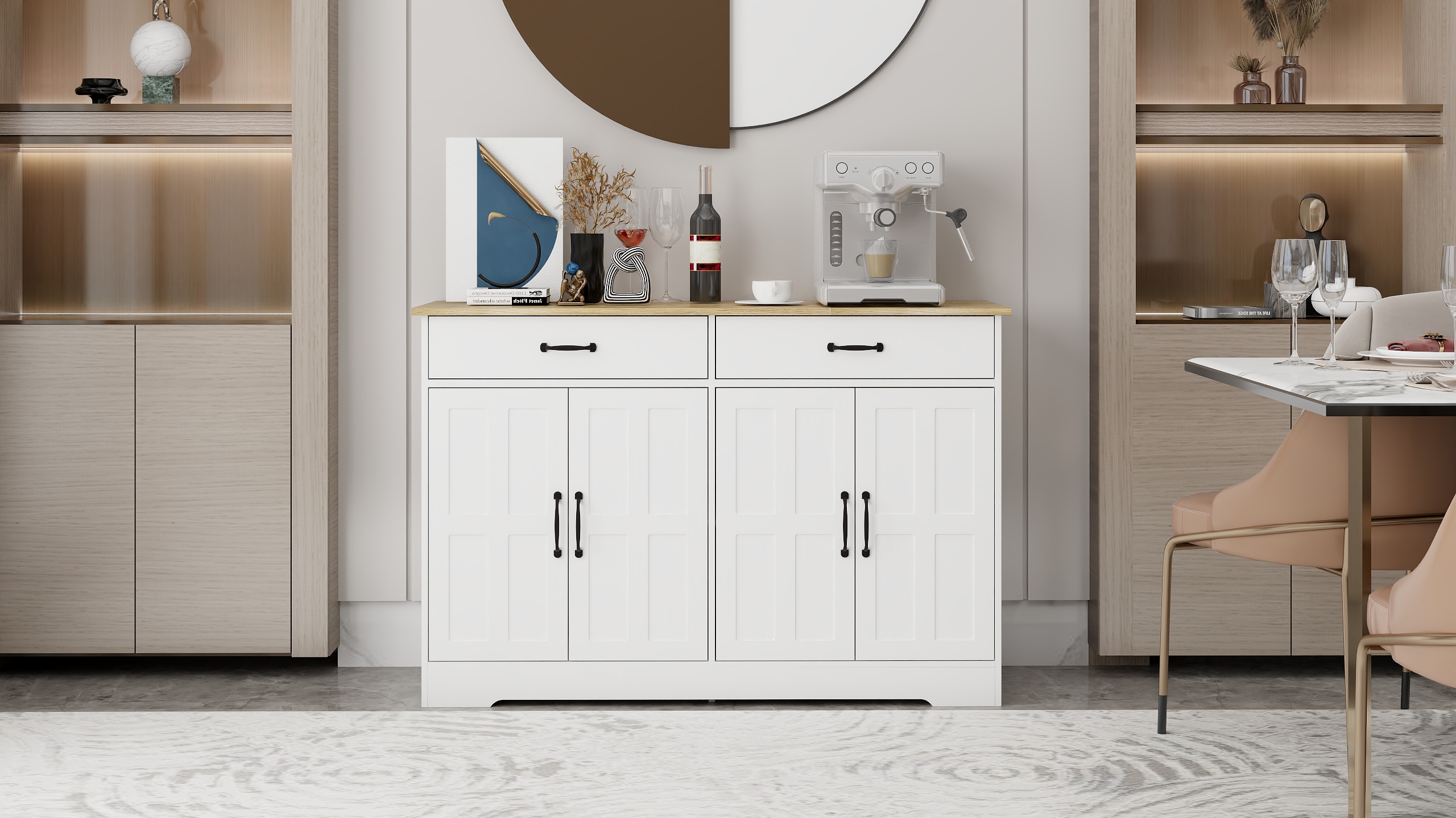 47.95" Farmhouse Buffet Cabinet Storage Sideboard with 2 Drawers and 4 Doors for Dining Living Room Kitchen Cupboard-White