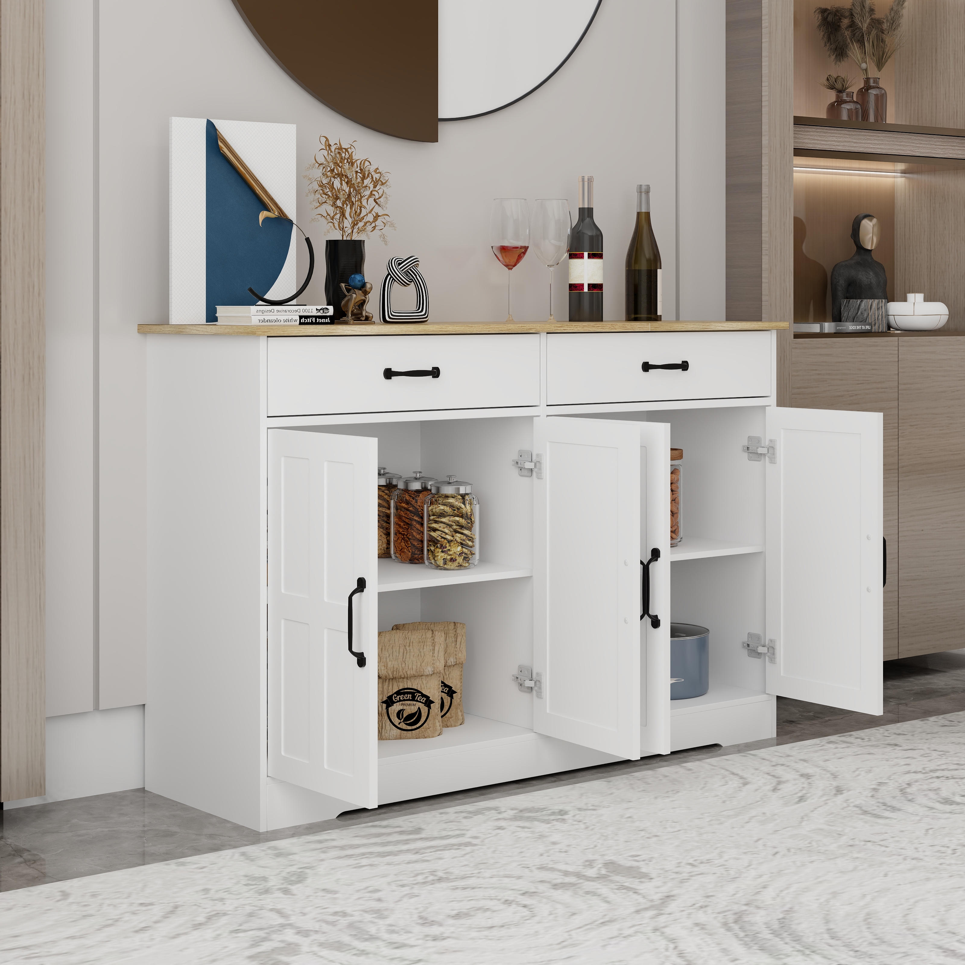 47.95" Farmhouse Buffet Cabinet Storage Sideboard with 2 Drawers and 4 Doors for Dining Living Room Kitchen Cupboard-White