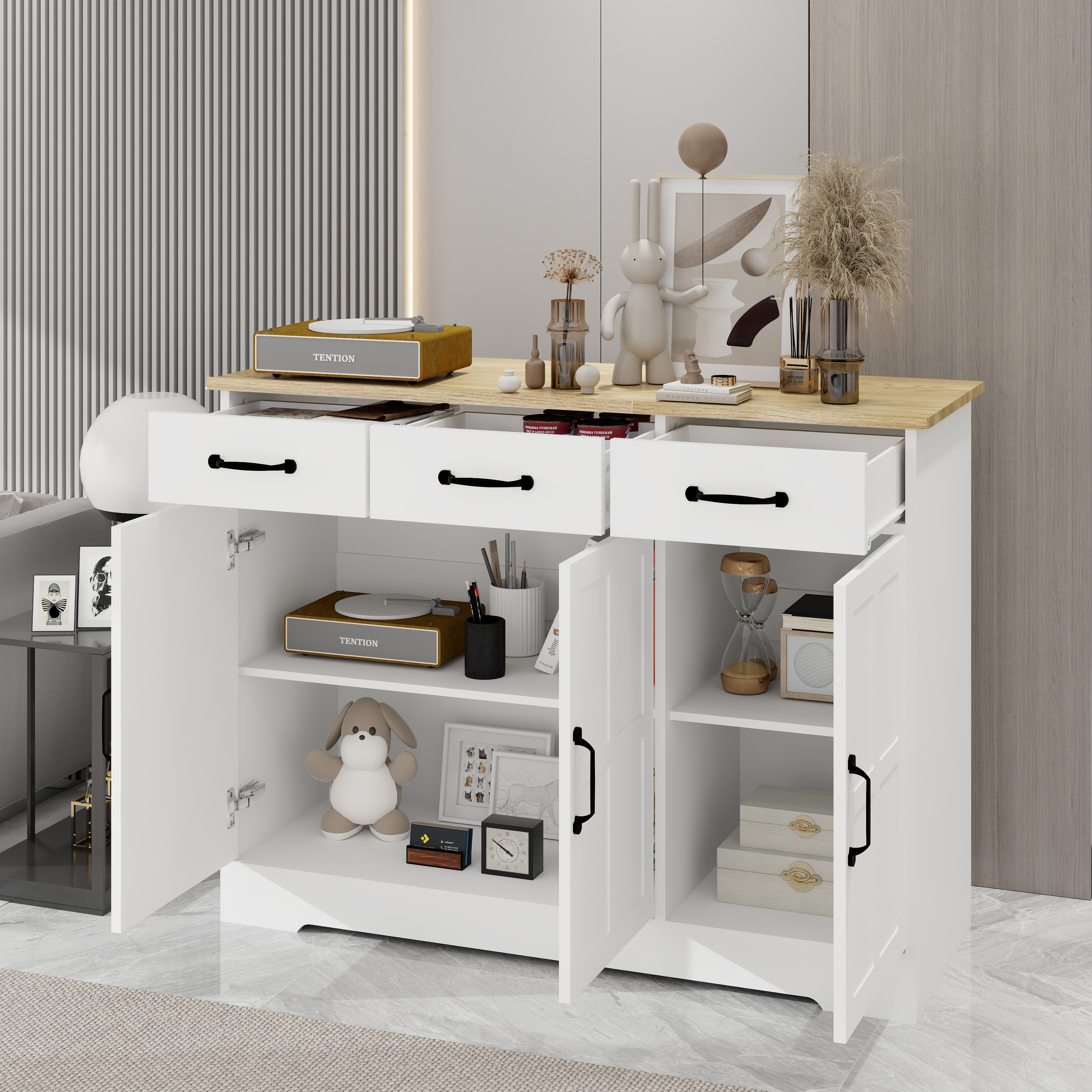 Farmhouse Buffet Cabinet Storage Sideboard with 3 Drawers and 3 Doors for Dining Living Room Kitchen Cupboard-White