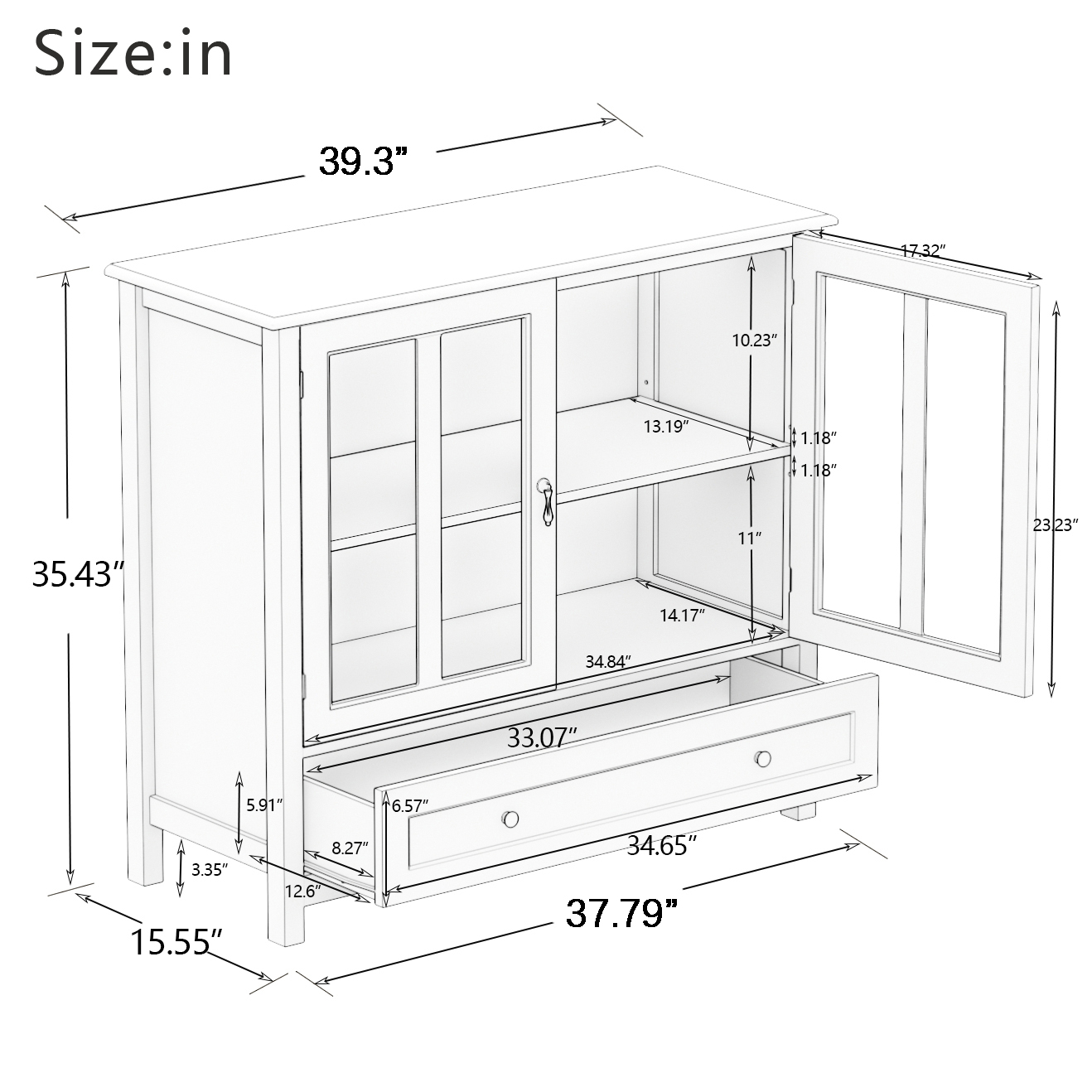 Buffet storage cabinet with double glass doors and unique bell handle