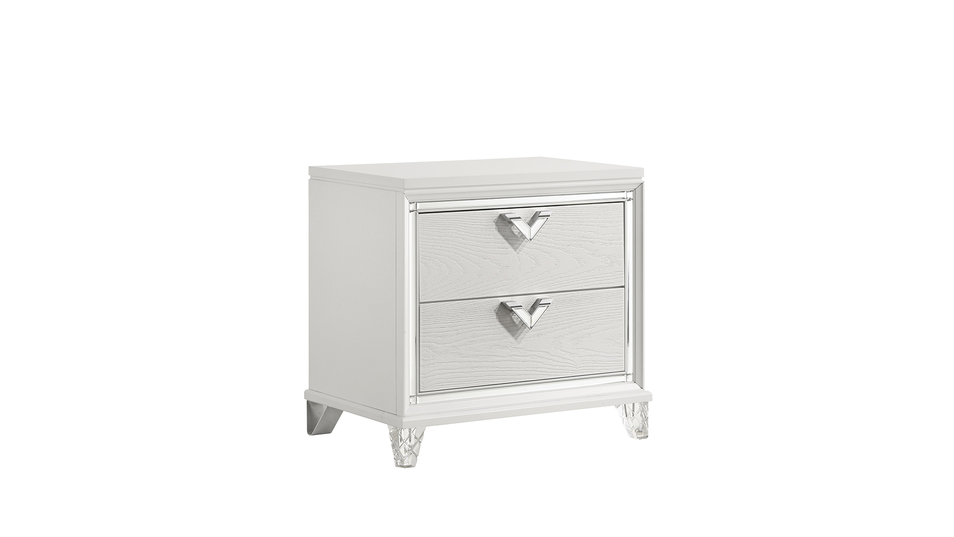 Prism Modern Style 2-Drawer Nightstand with LED Glow & V-Shape Handles in White