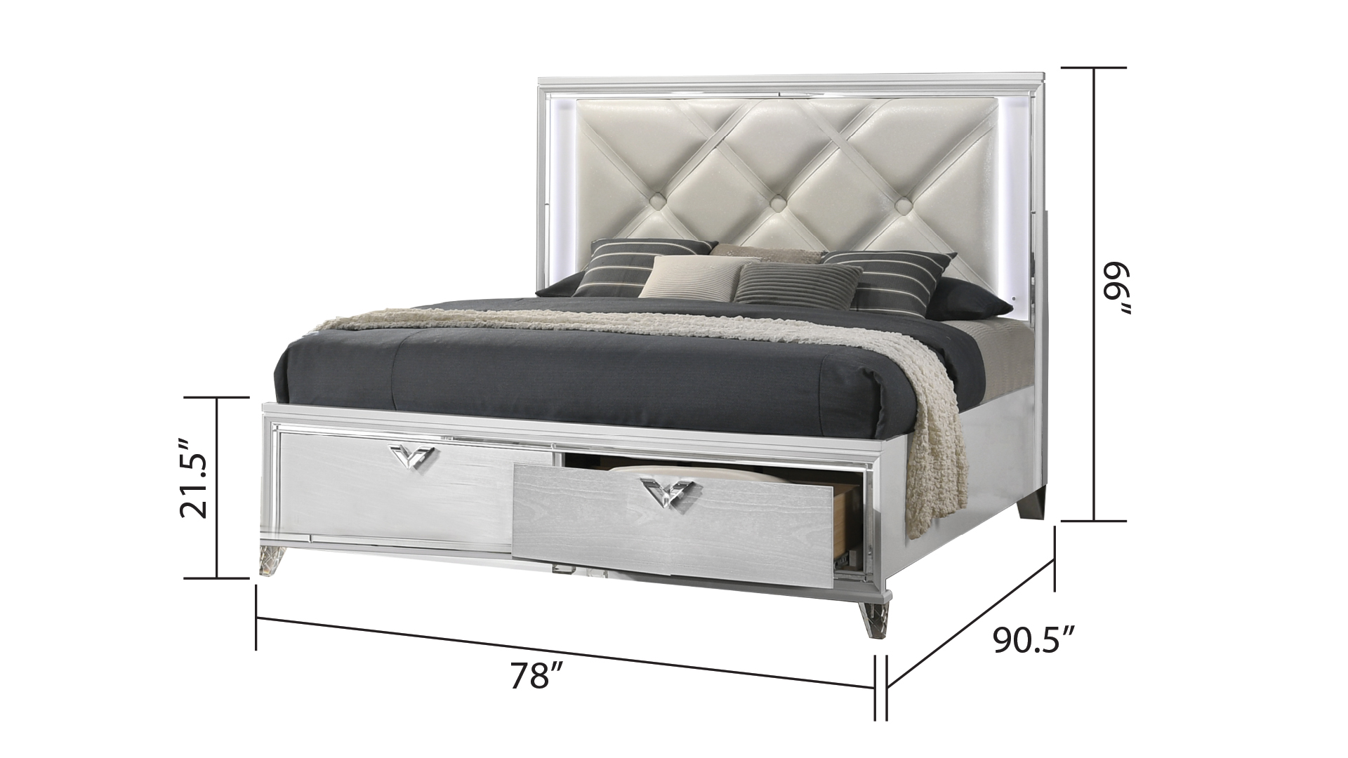 Prism Modern Style King bed with LED Accents & V-Shaped handles