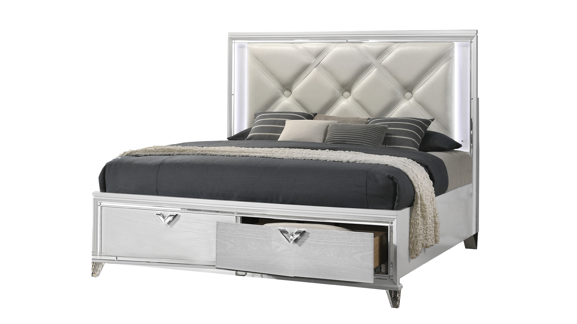 Prism Modern Style King bed with LED Accents & V-Shaped handles