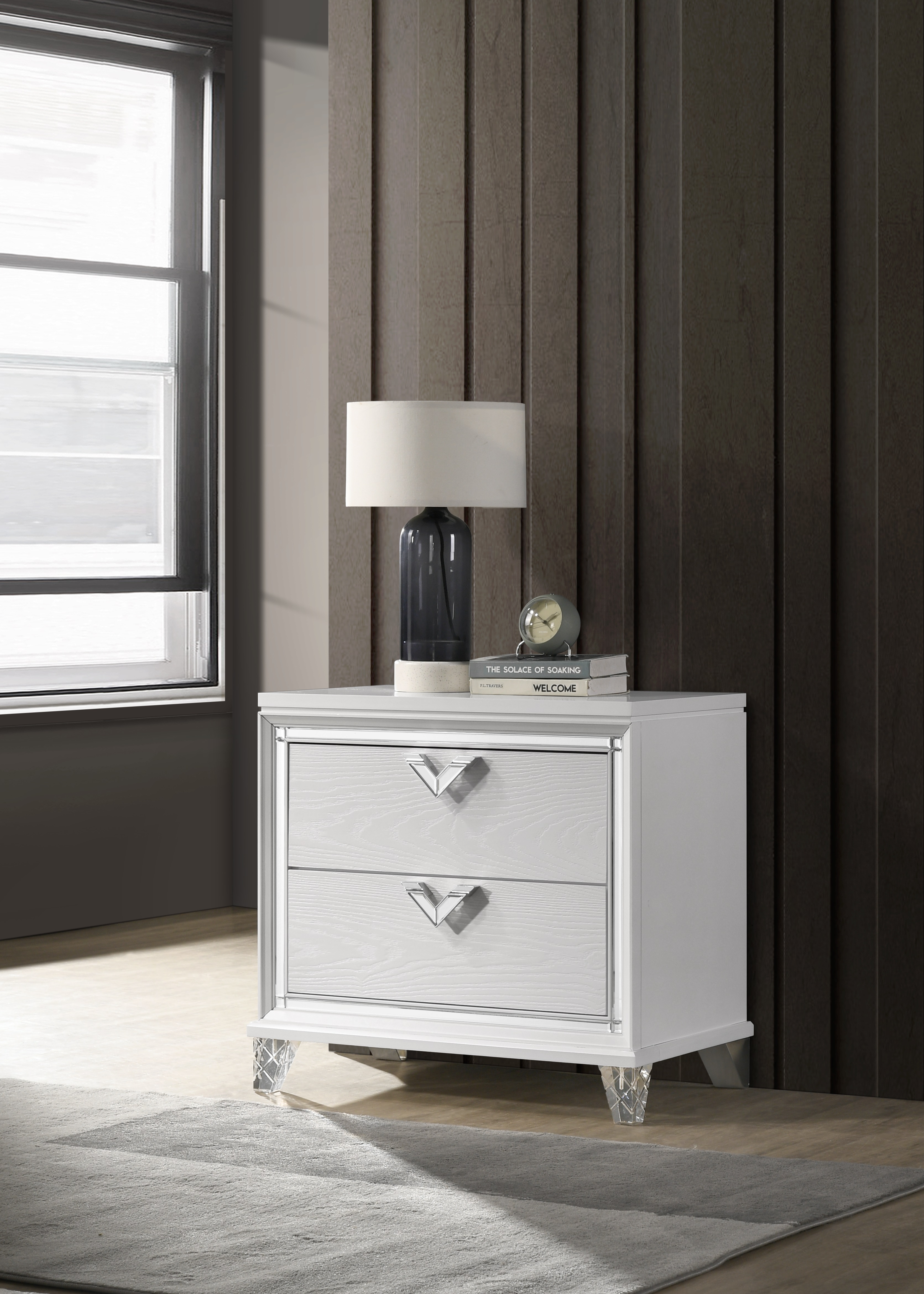 Prism Modern Style 2-Drawer Nightstand with LED Glow & V-Shape Handles in White