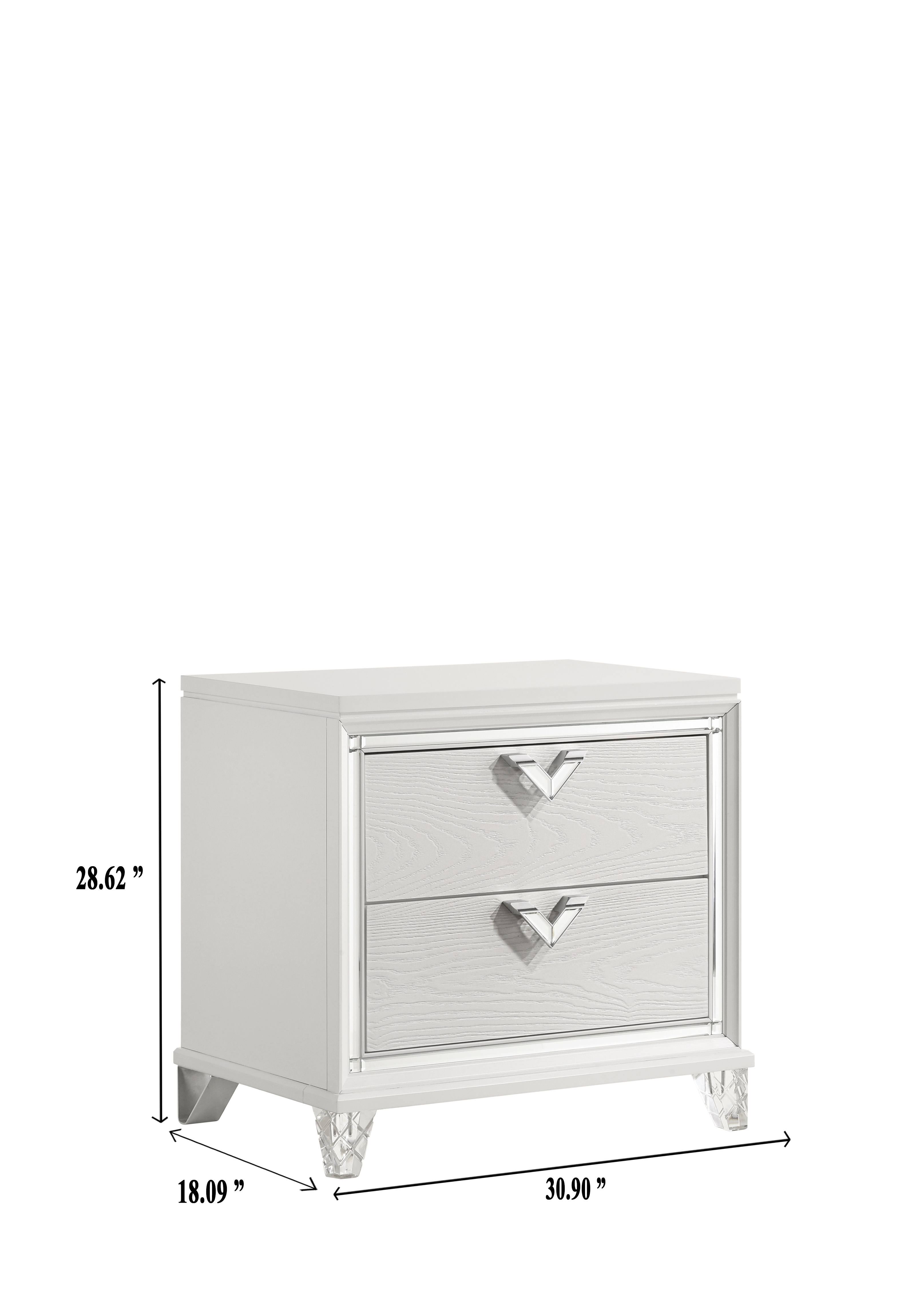 Prism Modern Style 2-Drawer Nightstand with LED Glow & V-Shape Handles in White