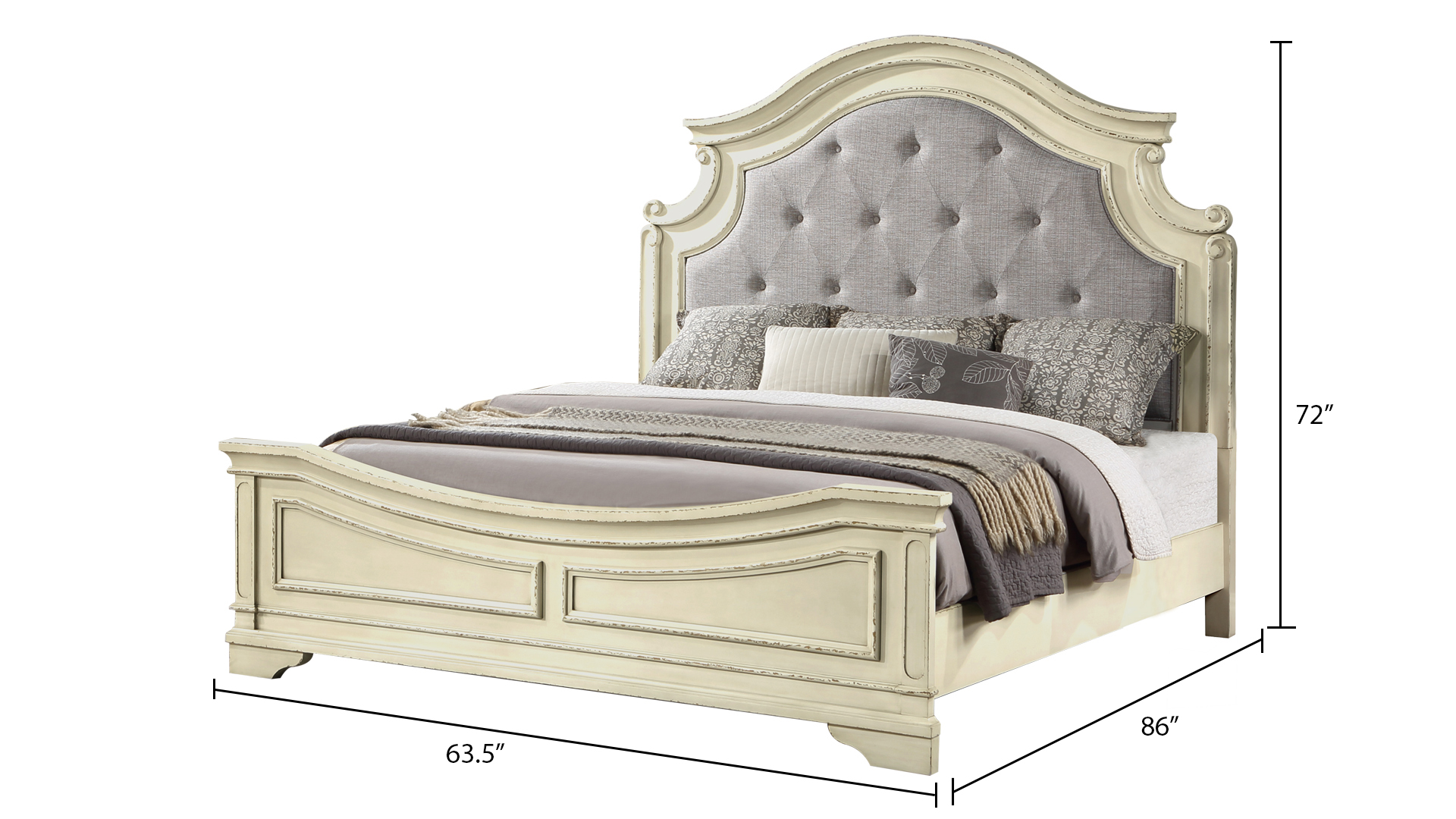 Noble Traditional Style Queen Bed with Button Tufted Upholstery Headboard Made with Wood in Antique Beige