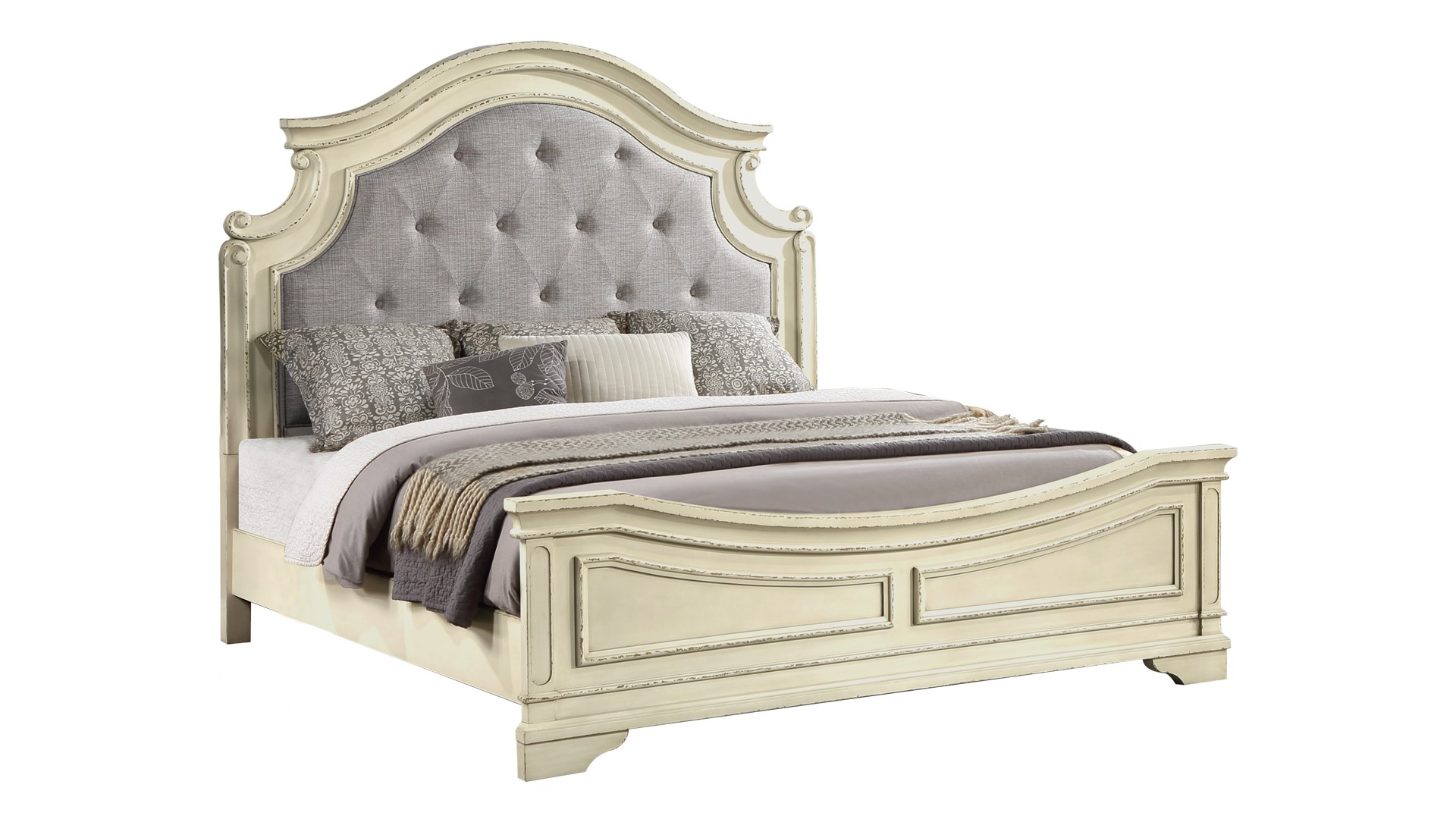 Noble Traditional Style King Bed with Button Tufted Upholstery Headboard Made with Wood in Antique Beige