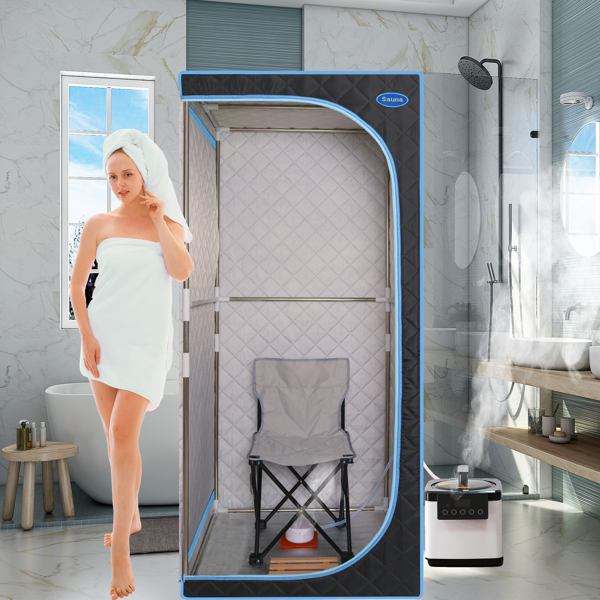 Portable Plus Type Full Size Steam Sauna tent. Spa, Detox ,Therapy and Relaxation at home.Larger Space,Stainless Steel Pipes Connector Easy to Install, with FCC Certification--Black(Blue binding)