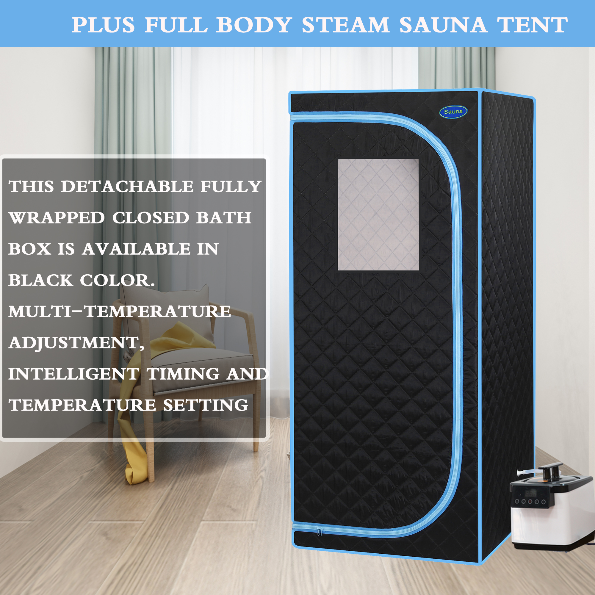 Portable Plus Type Full Size Steam Sauna tent. Spa, Detox ,Therapy and Relaxation at home.Larger Space,Stainless Steel Pipes Connector Easy to Install, with FCC Certification--Black(Blue binding)