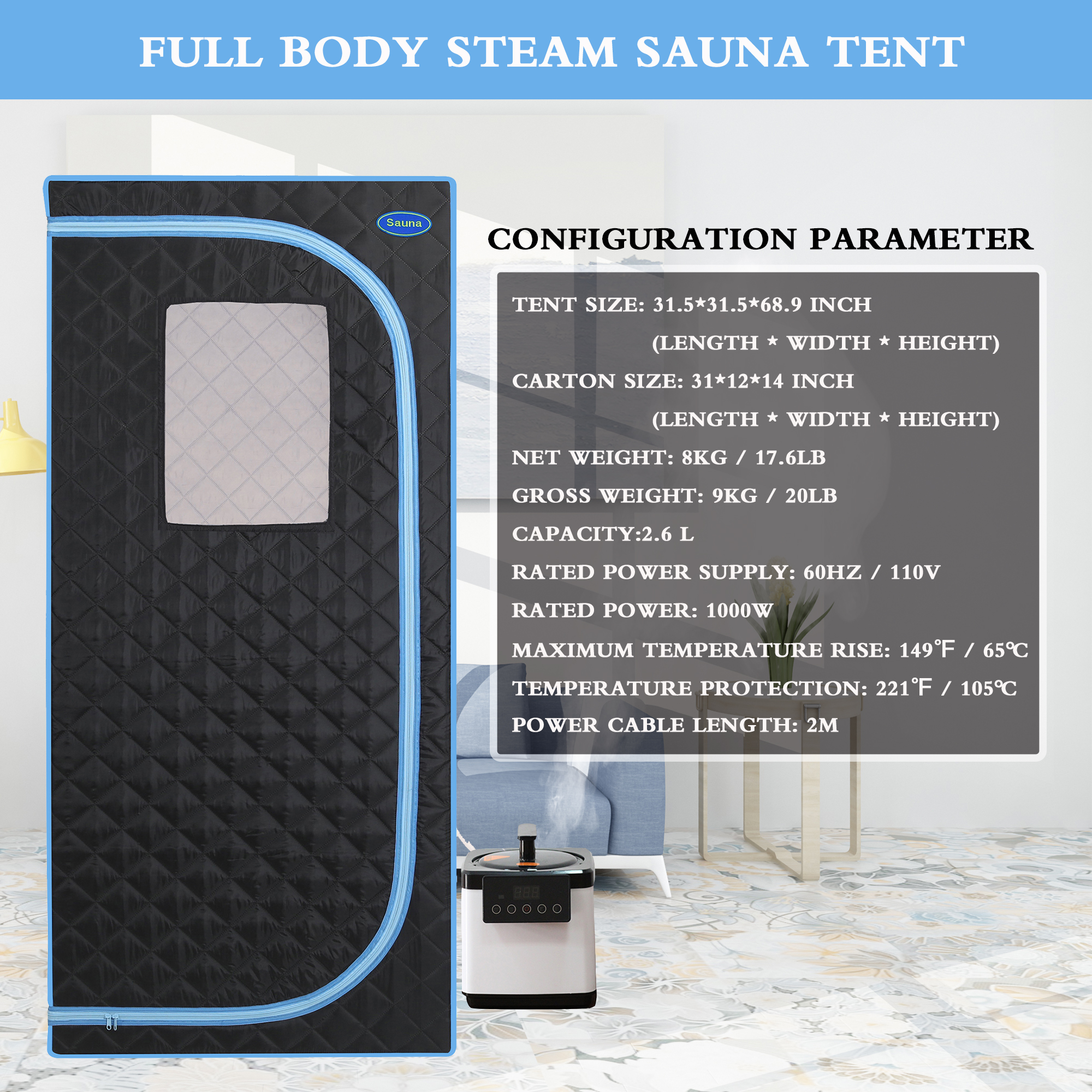 Portable Plus Type Full Size Steam Sauna tent. Spa, Detox ,Therapy and Relaxation at home.Larger Space,Stainless Steel Pipes Connector Easy to Install, with FCC Certification--Black(Blue binding)