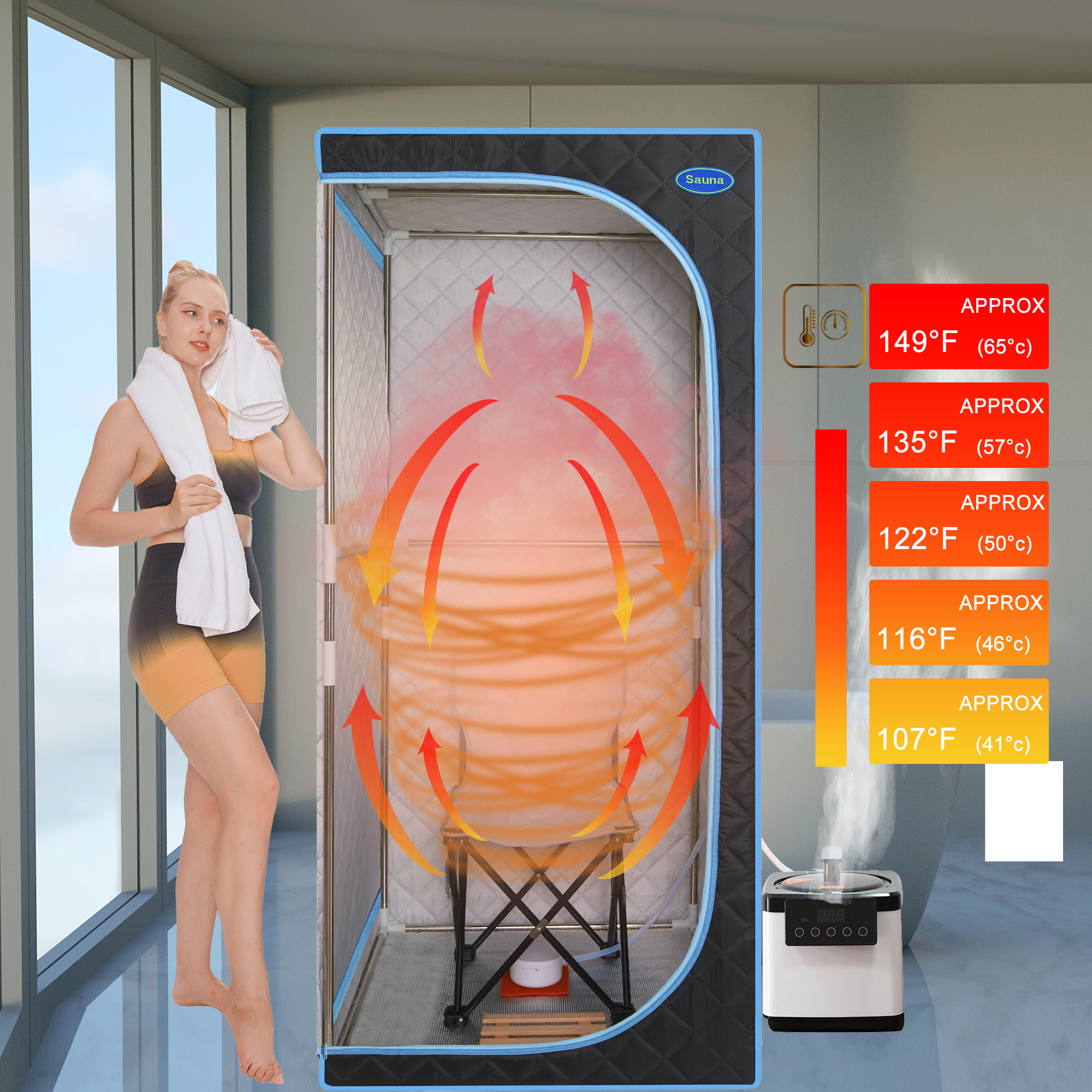 Portable Plus Type Full Size Steam Sauna tent. Spa, Detox ,Therapy and Relaxation at home.Larger Space,Stainless Steel Pipes Connector Easy to Install, with FCC Certification--Black(Blue binding)