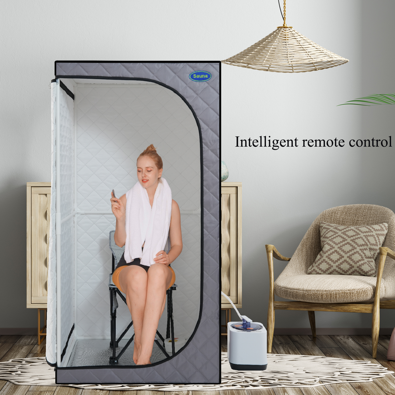 Portable Grey Mini Plus style Steam Sauna tent–Personal Home Spa, with Steam Generator, Remote Control, Foldable Chair, PVC pipes. Easy to Install,fast heating, with FCC & UL Certification