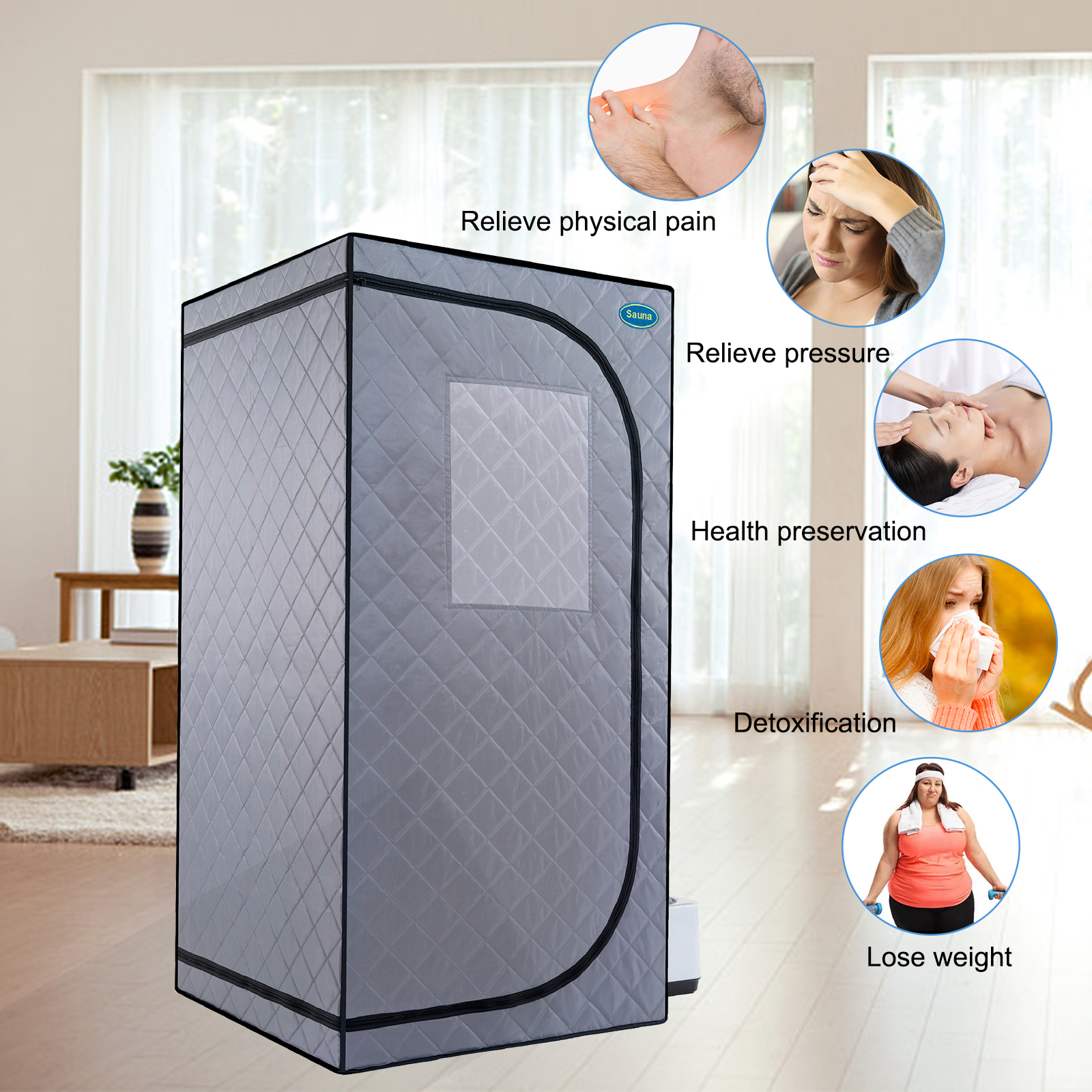 Portable Grey Mini Plus style Steam Sauna tent–Personal Home Spa, with Steam Generator, Remote Control, Foldable Chair, PVC pipes. Easy to Install,fast heating, with FCC & UL Certification