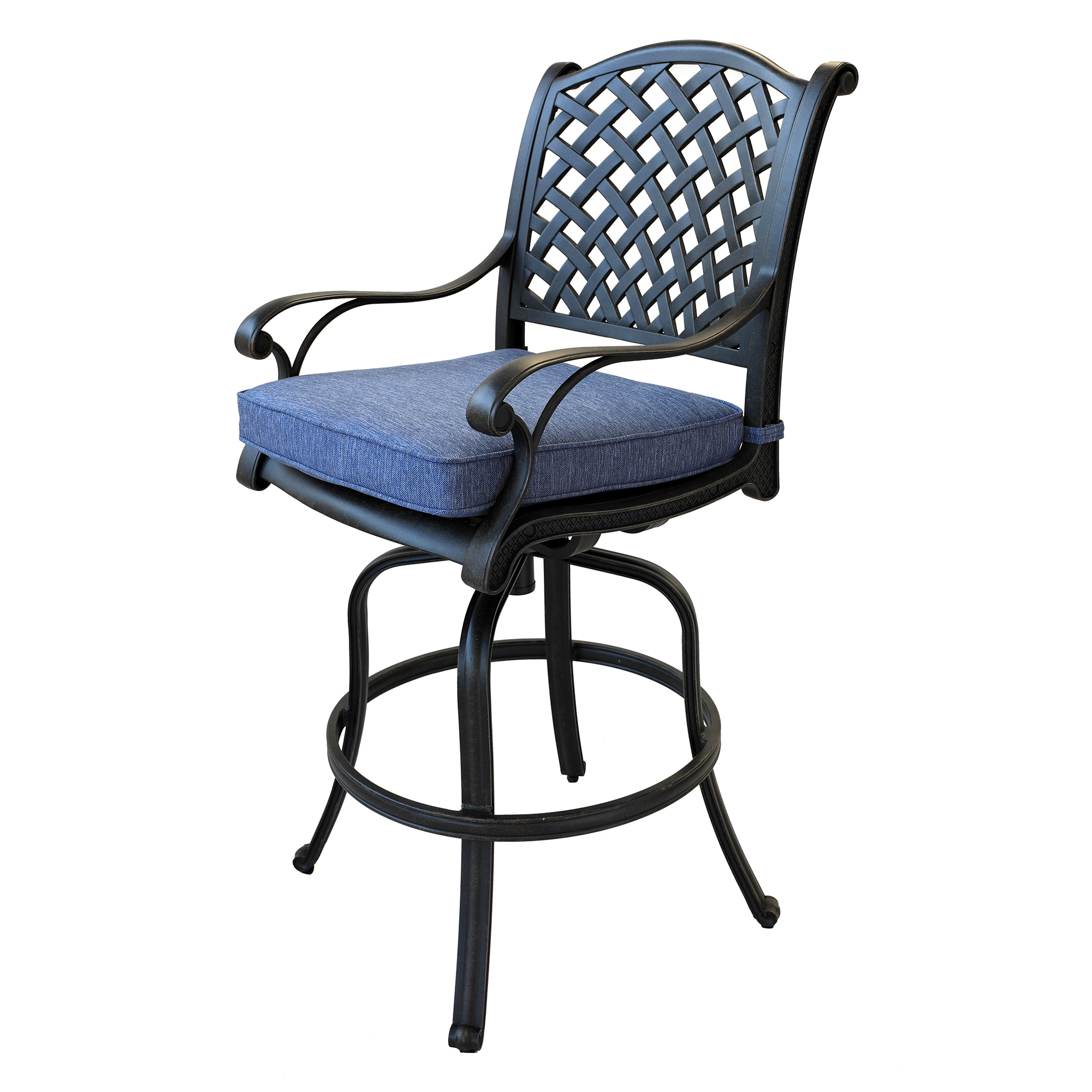 Patio Outdoor Aluminum Bar Stool With Cushion, Set of 2, Navy Blue