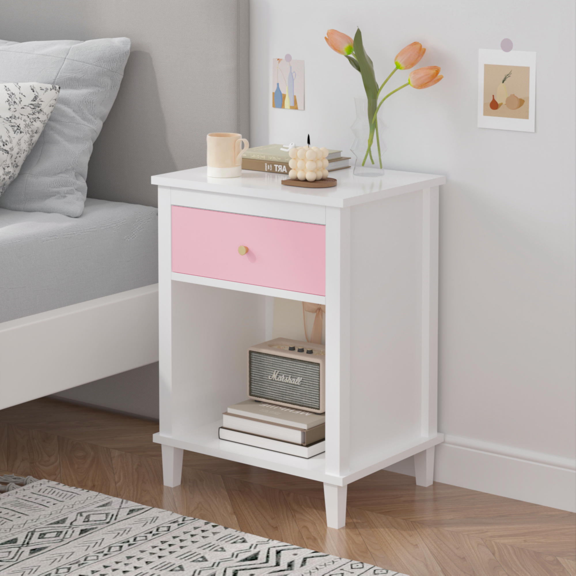 26.77''H Wooden Nightstand with One Drawer One Shelf for Kids, Adults, Pink