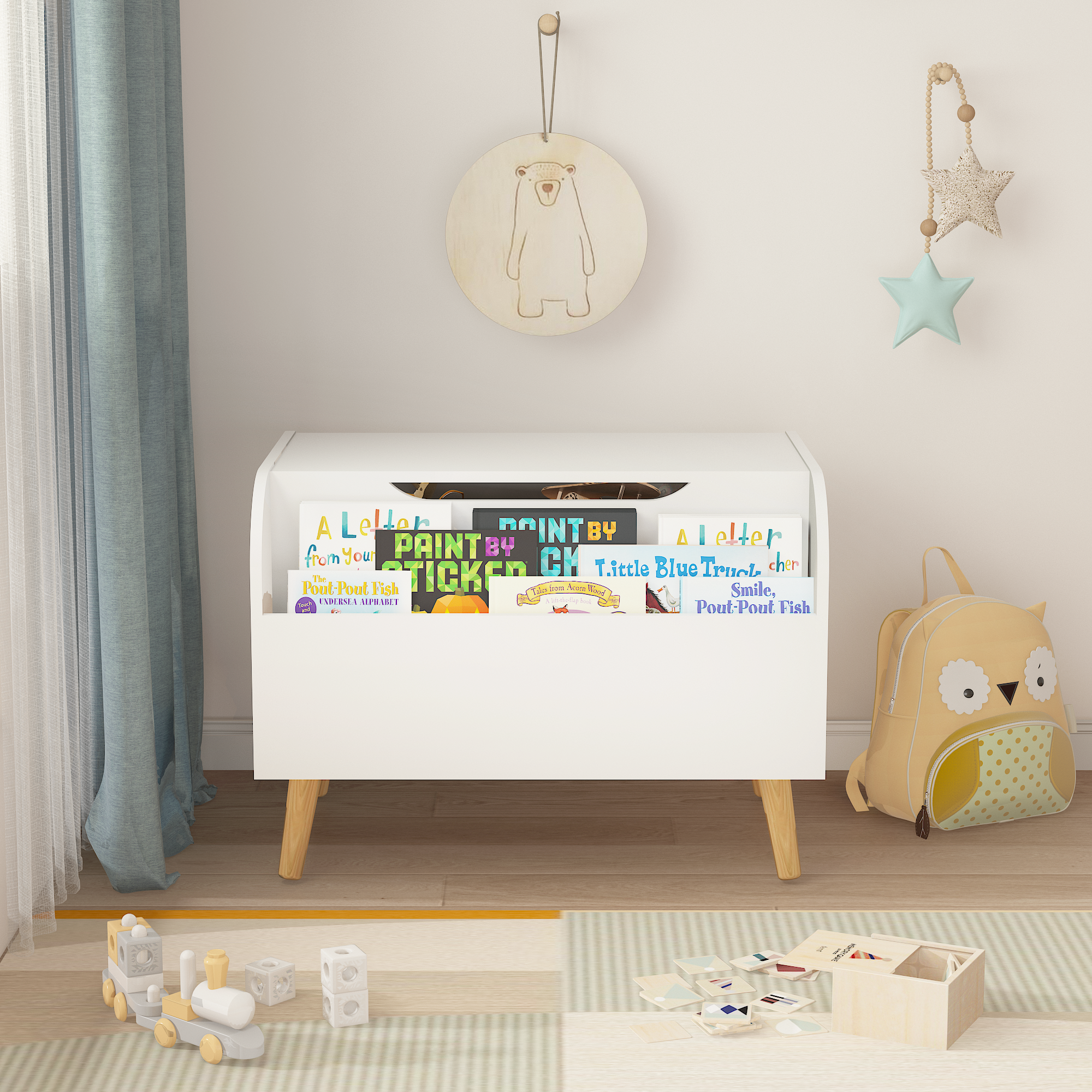 Wooden Toy Box, Kids Toy Storage Organizer with Front Bookshelf, Flip-Top Lid, Safety Hinge, Boys Girls Toy Chest Bench for Playroom Kids Room Organization (White)