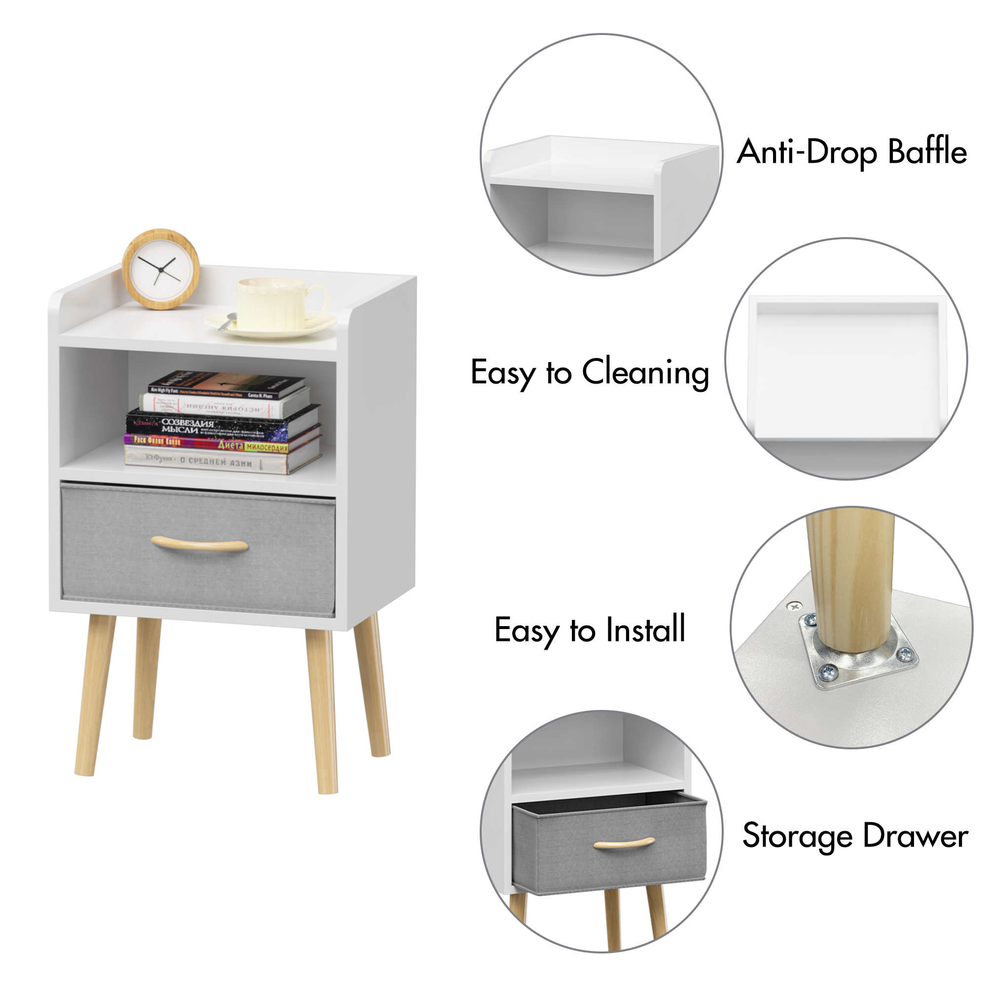 Nightstand With Collapsible Fabric Drawer, 2-Tier Storage End Table, Wood Side Table with Storage Cabinet for Bedroom, Living Room - White