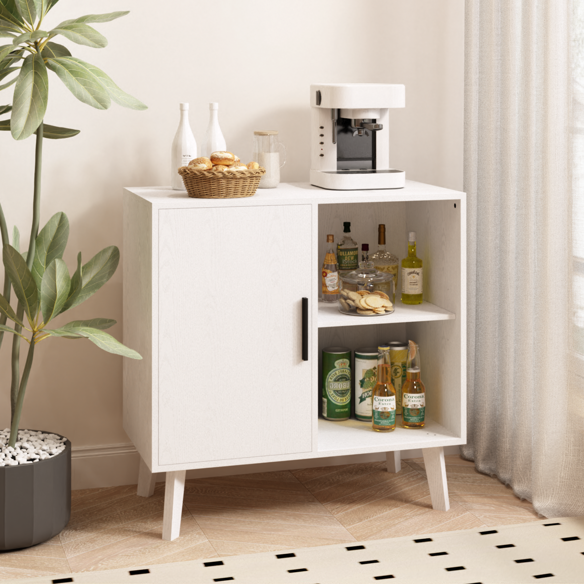 Sideboard Buffet Kitchen Storage Cabinet, Accent Cabinet with Solid Wood Feet for Decorated Doors, Dining Room, Hallway, Cupboard Console Table, Liquor / Accent Cabinet (White)