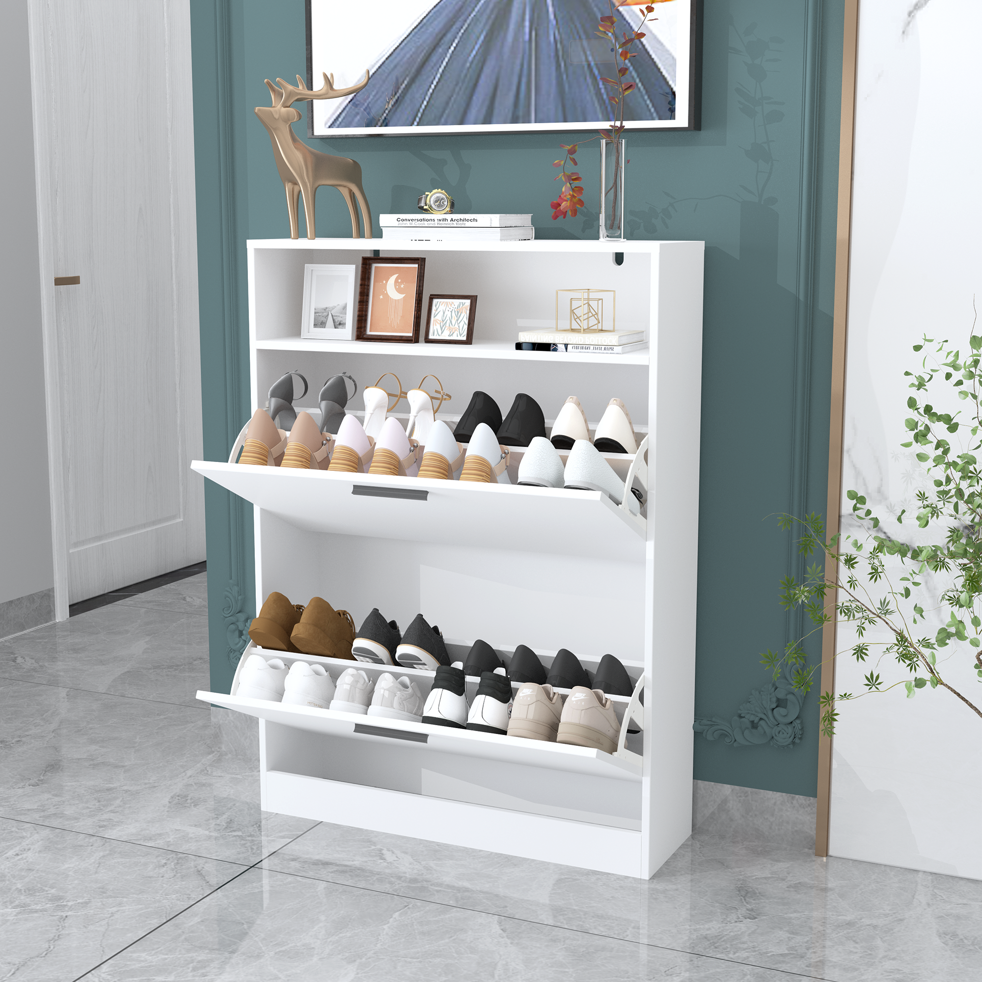 Shoe Storage Cabinet with 2 Flip Drawers, Sturdy Wood Hidden Shoe Storage, Freestanding Narrow Slim Shoe Organizer for Front Door Entrance, Living Room, Hallway, Bedroom (White)