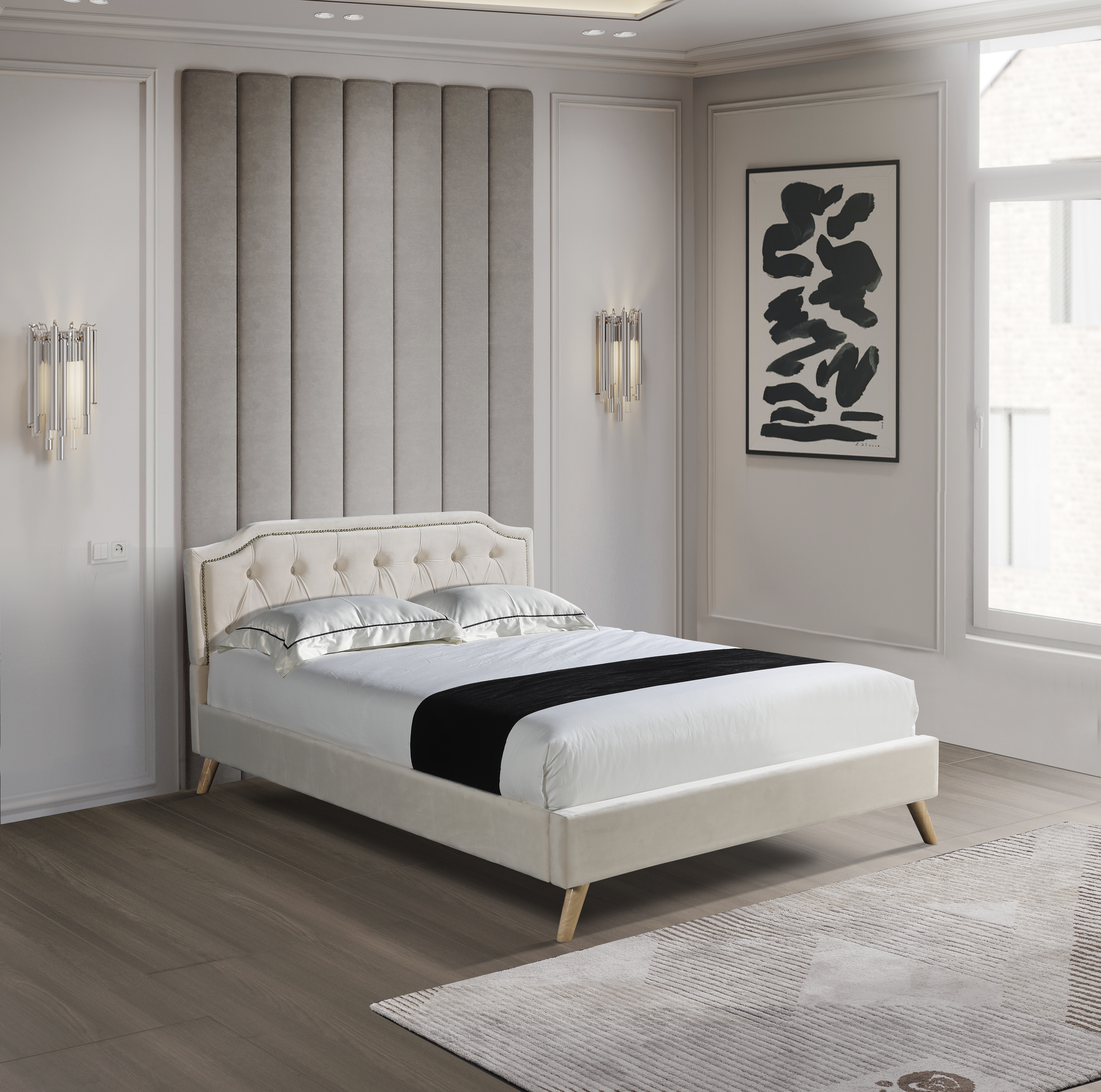Full Size upholstered platform bed beige fabric bed frame-Boyel Living