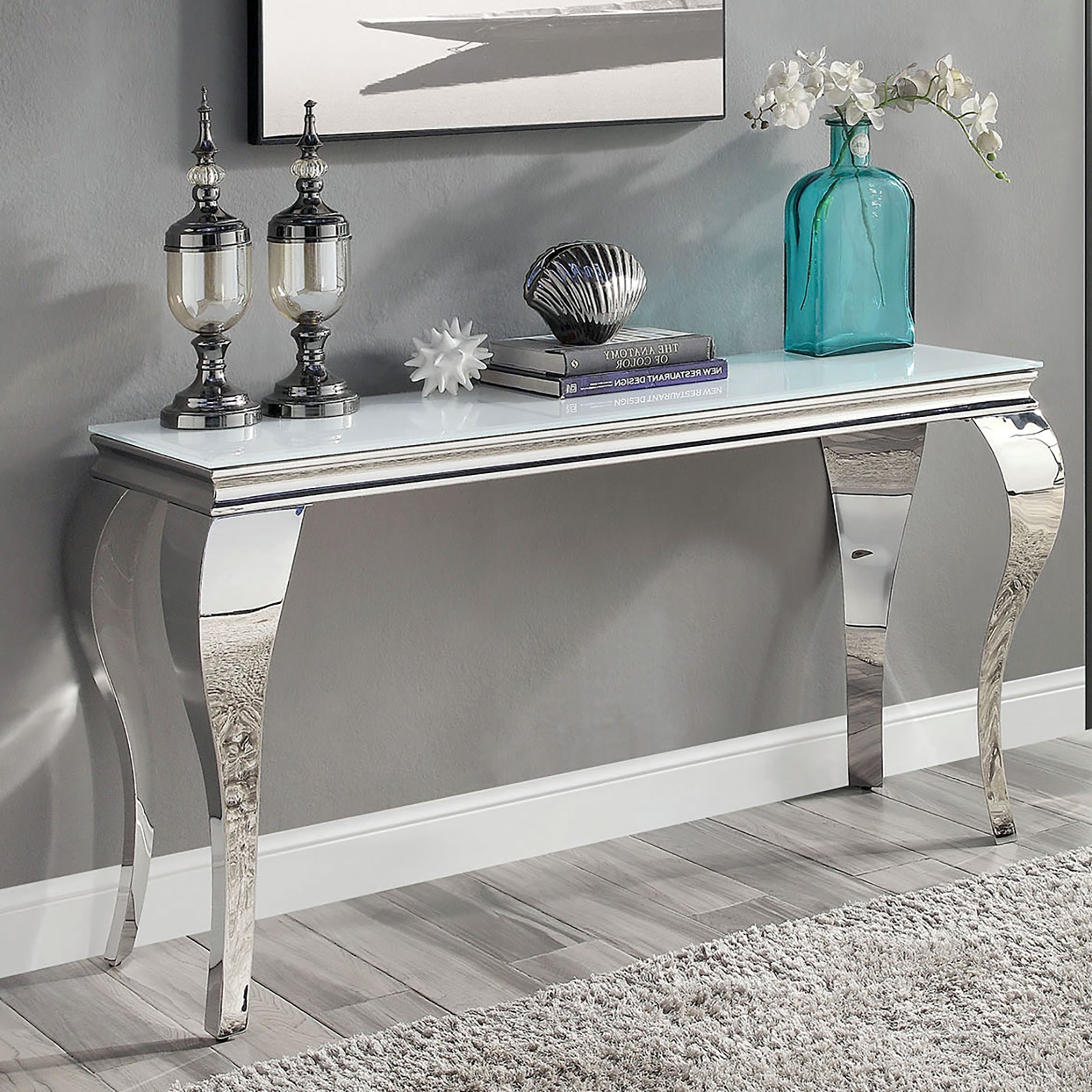 Glam Contemporary 1pc Sofa Table White Glass Top Silver Color Table Living Room Stainless Steel Cabriole-Style Legs