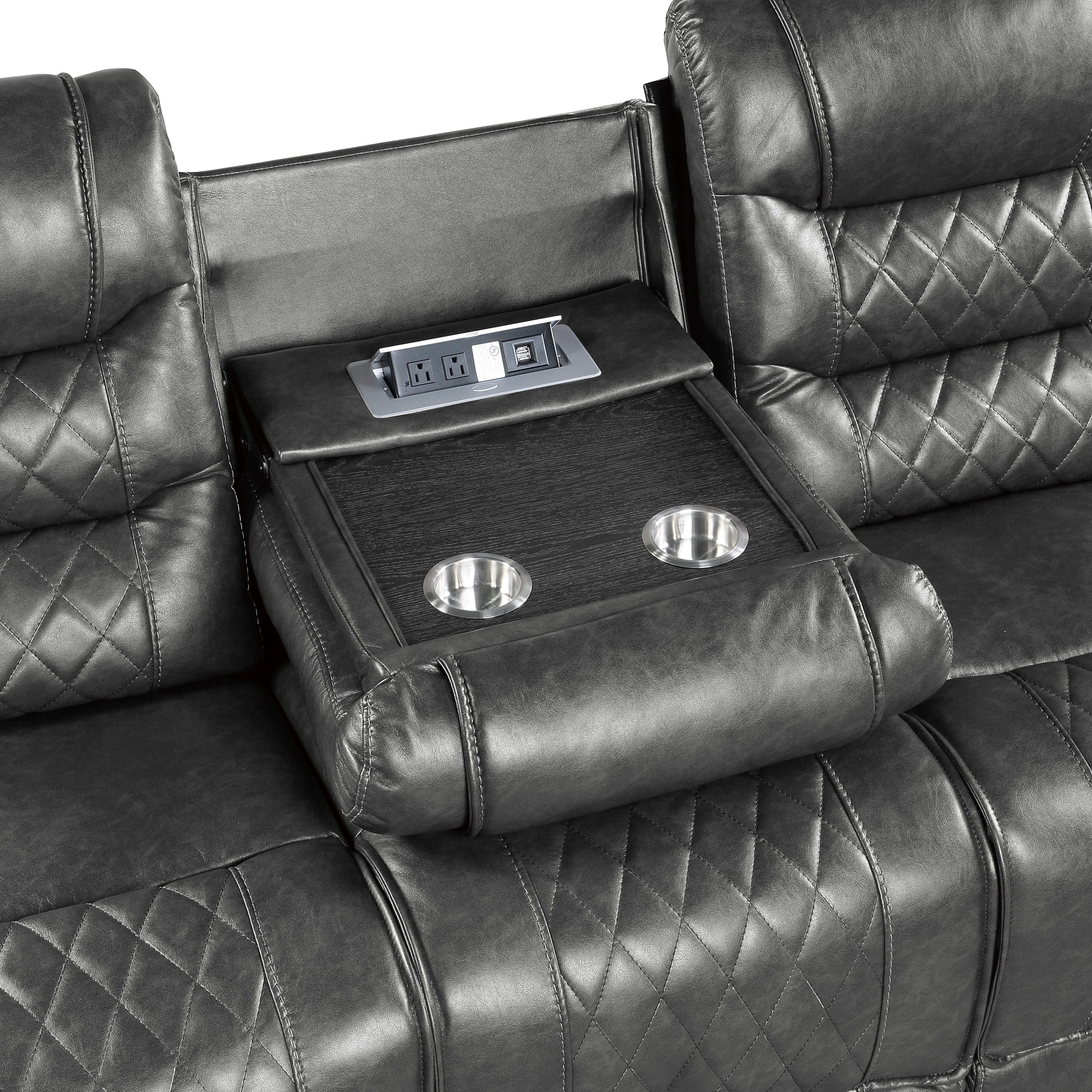 Luxurious Living Room Furniture 2pc Reclining Sofa Set Gray Breathable Faux Leather Upholstery Center Drop-Down Cup Holders, Power Outlets, USB Ports, Diamond Pattern Stitching