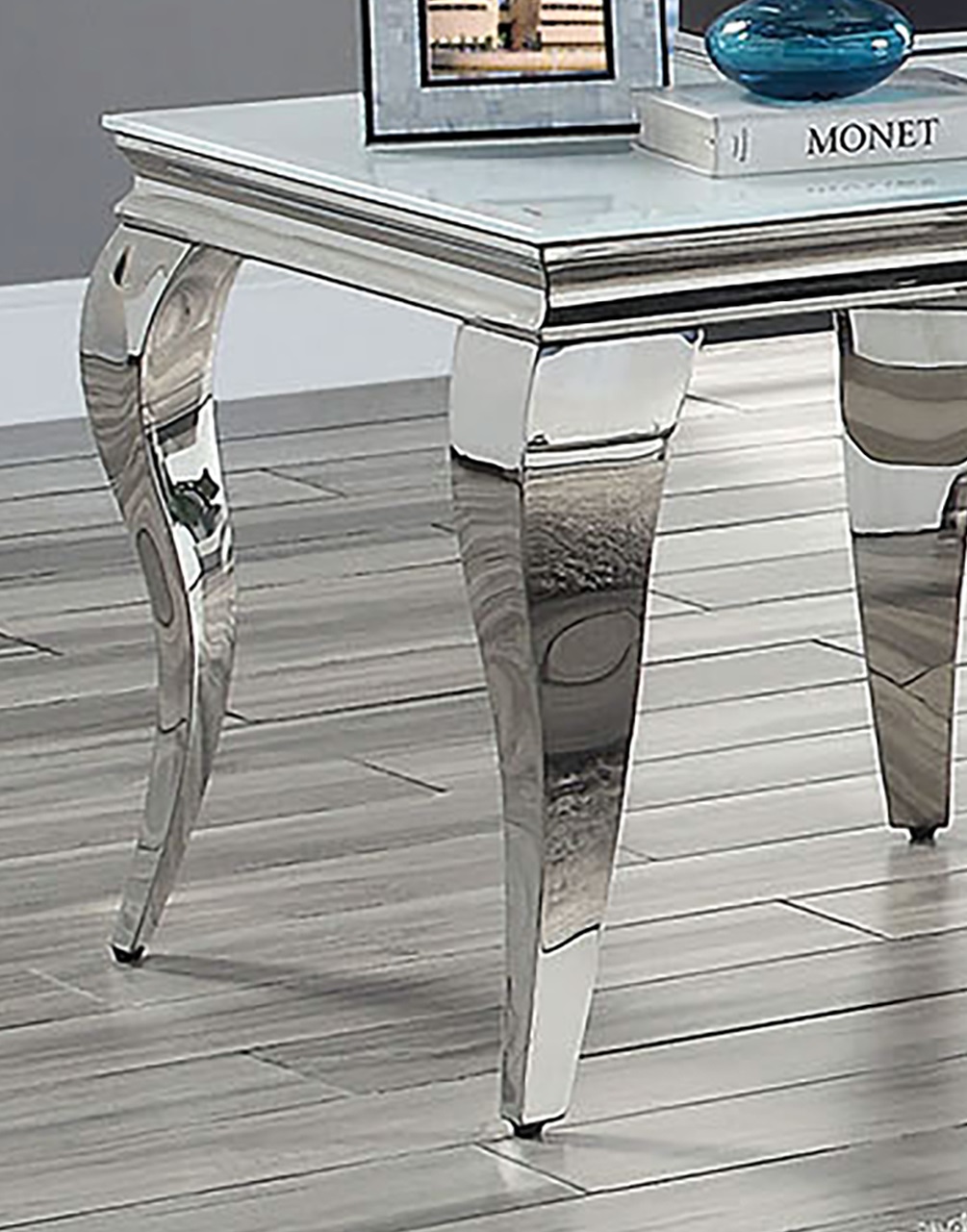 Glam Contemporary 1pc End Table White Glass Top Silver Color Table Living Room Stainless Steel Cabriole-Style Legs