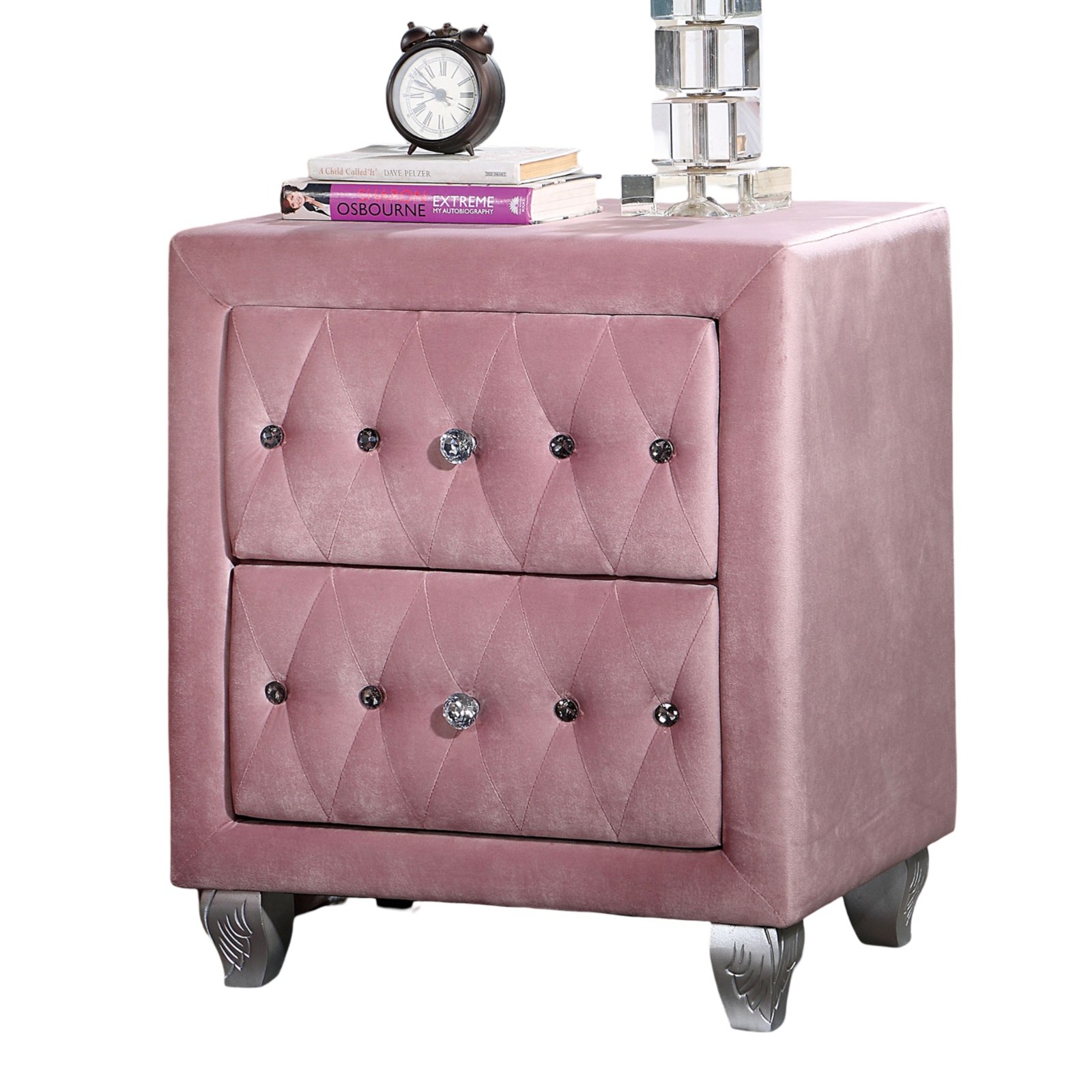 Beautiful Pink Color 1pc Nightstand Bedroom Furniture Bedside Table Crystal-like Acrylic Knob 2-Drawers Storage