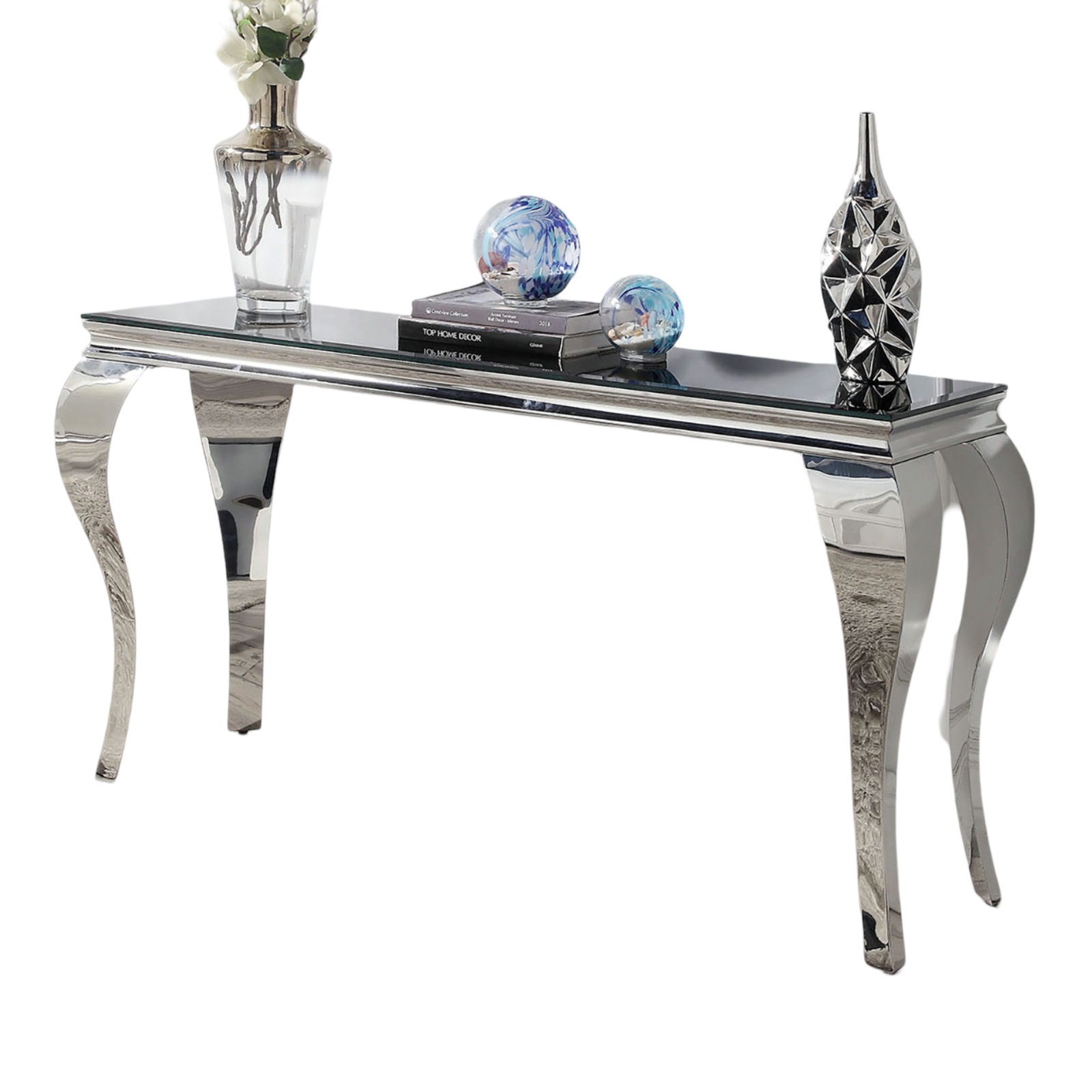 Glam Contemporary 1pc Sofa Table Black Glass Top Silver Color Table Living Room Stainless Steel Cabriole-Style Legs