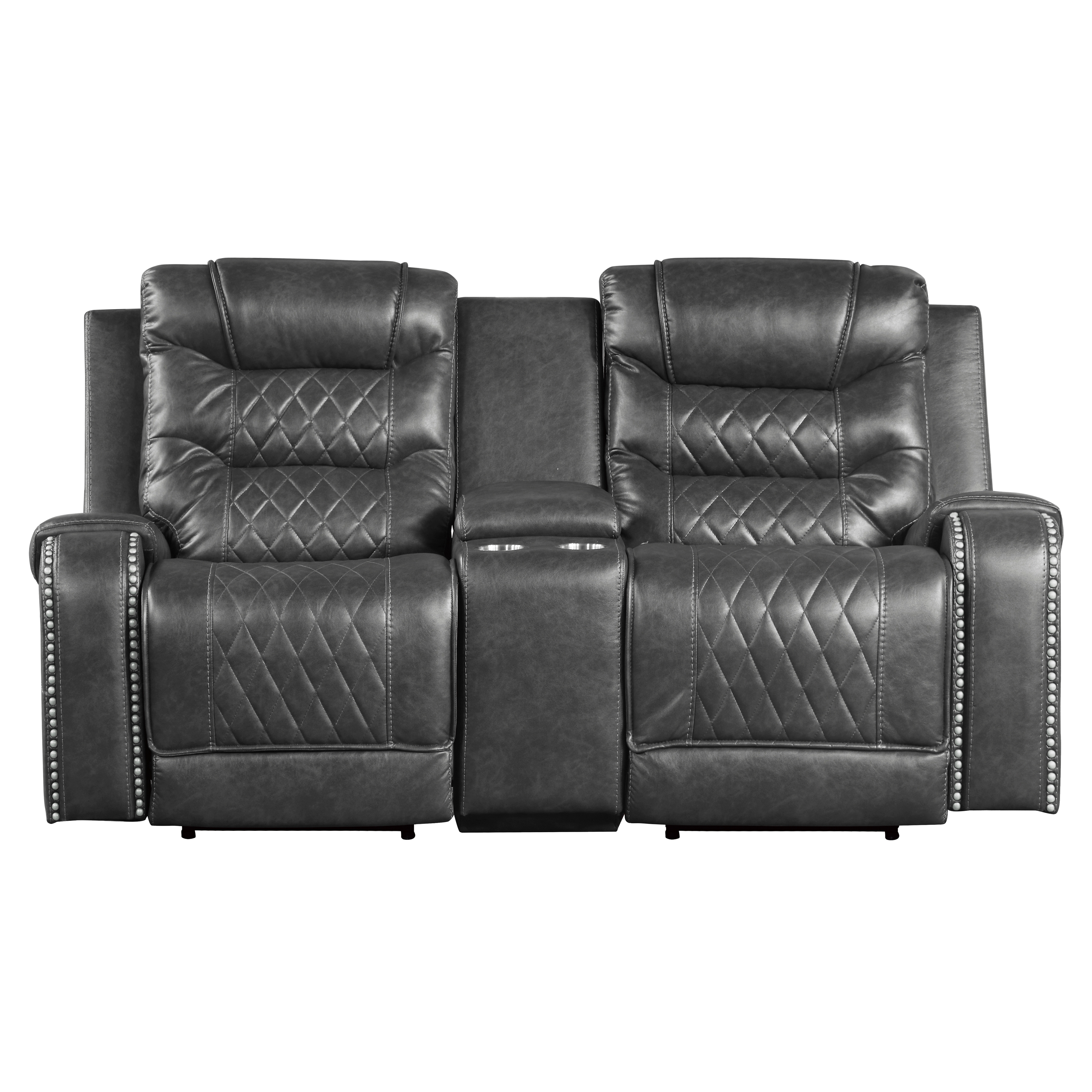 Luxurious Living Room Furniture 2pc Power Reclining Sofa Set Gray Breathable Faux Leather Upholstery Center Drop-Down Cup Holders, Power Outlets, USB Ports, Diamond Pattern Stitching