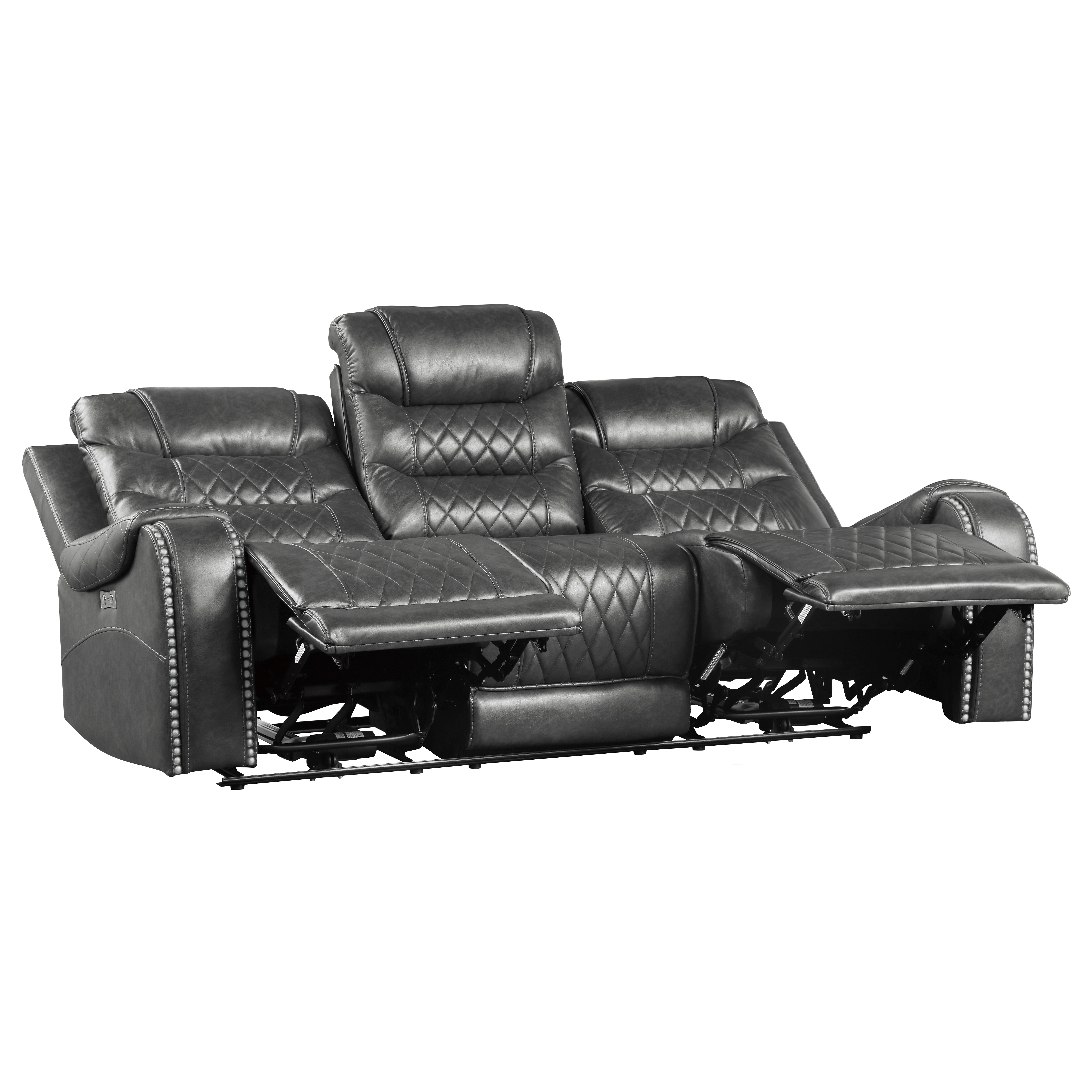 Luxurious Living Room Furniture 2pc Power Reclining Sofa Set Gray Breathable Faux Leather Upholstery Center Drop-Down Cup Holders, Power Outlets, USB Ports, Diamond Pattern Stitching