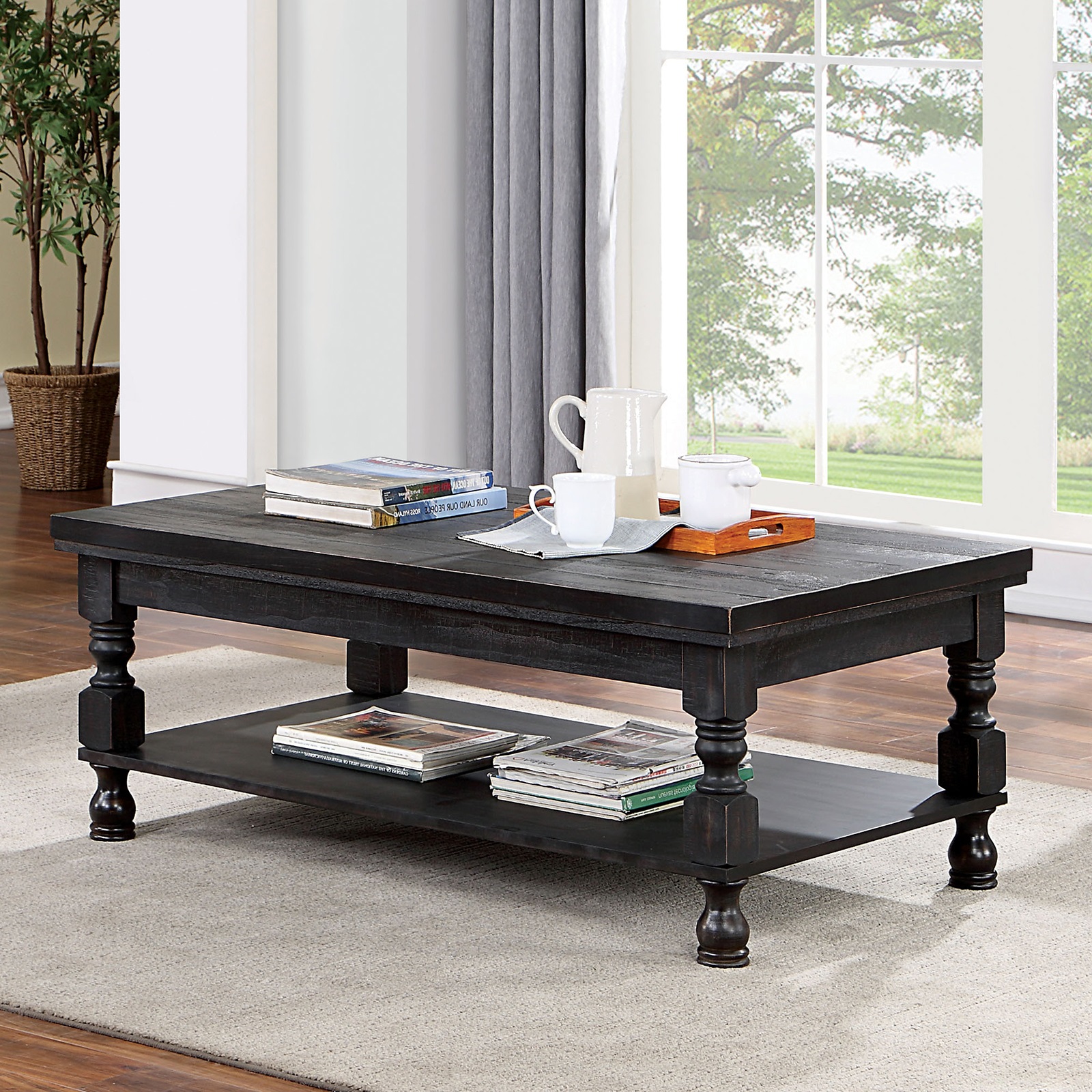 Rustic Style Antique Black 1pc COFFEE TABLE Open Bottom Shelf Plank Style Table Top Living Room Furniture