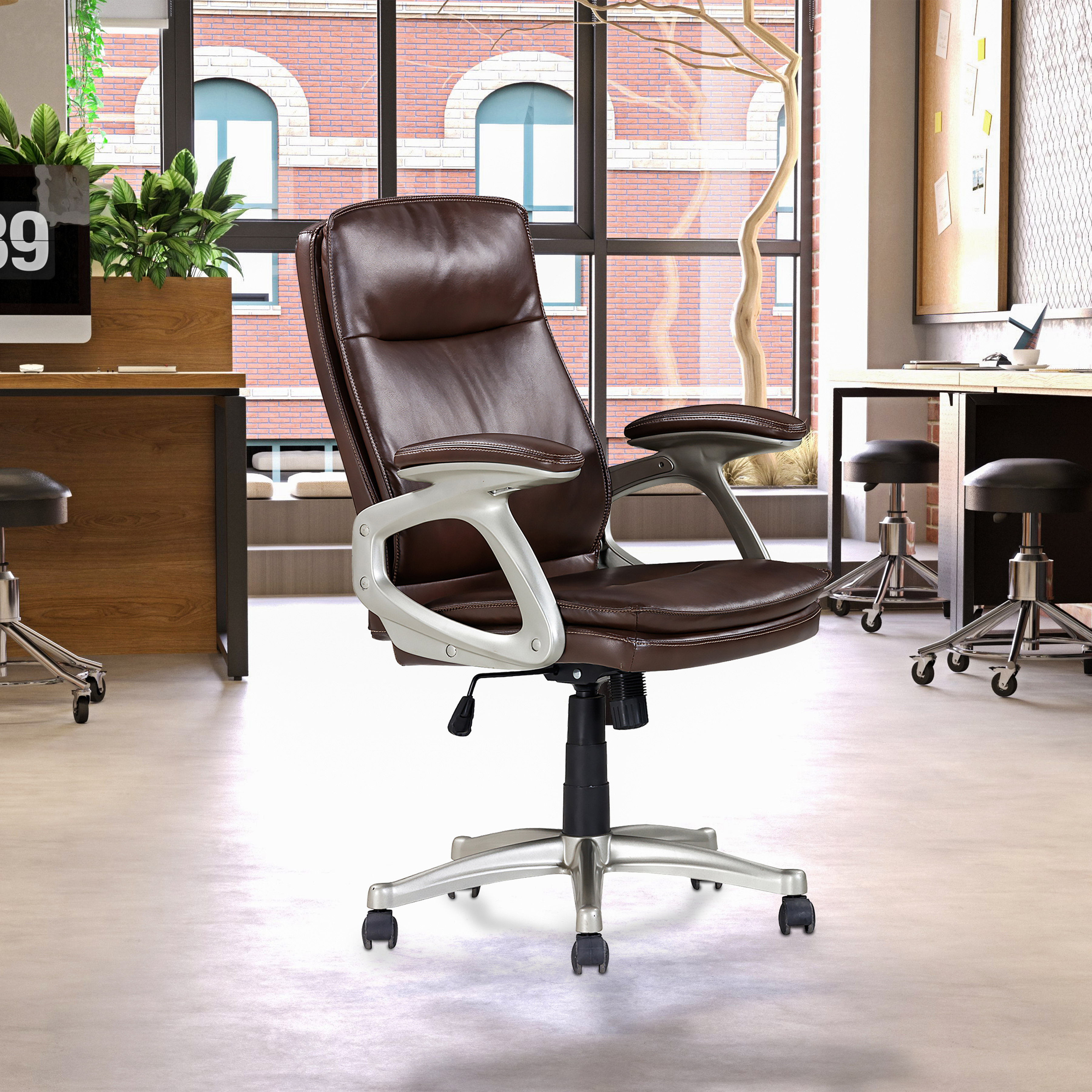 Mid Back Brown Faux Leather Swivel Office Executive Chair, Ergonomic Conference Desk Chair, Brown/Silver