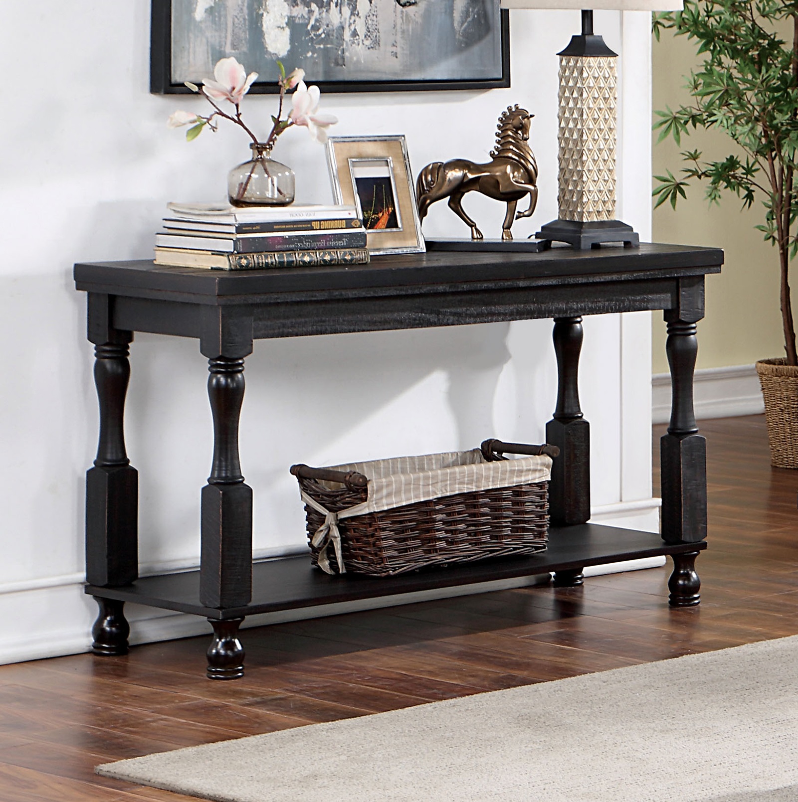 Rustic Style Antique Black 1pc SOFA TABLE Open Bottom Shelf Plank Style Table Top Living Room Furniture