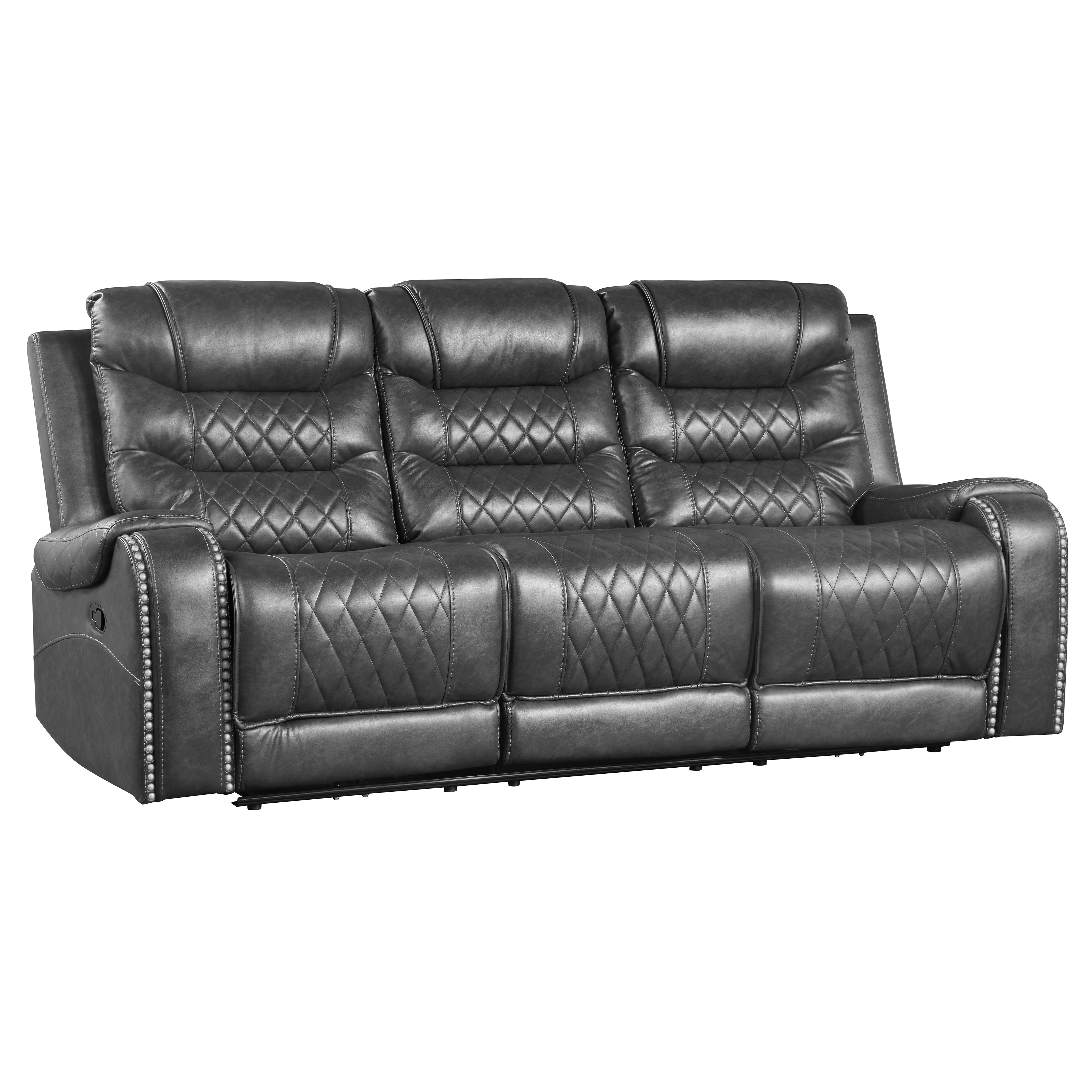 Luxurious Living Room Furniture 2pc Reclining Sofa Set Gray Breathable Faux Leather Upholstery Center Drop-Down Cup Holders, Power Outlets, USB Ports, Diamond Pattern Stitching