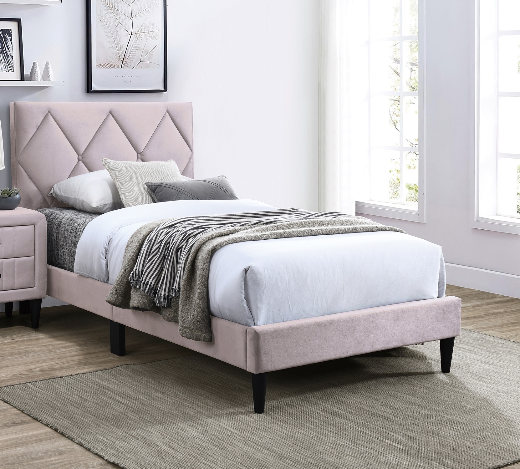 Full Size Bed w Adjustable Headboard 1pc Bedframe, Light Pink Velvet Upholstered Youth Bedroom Furniture