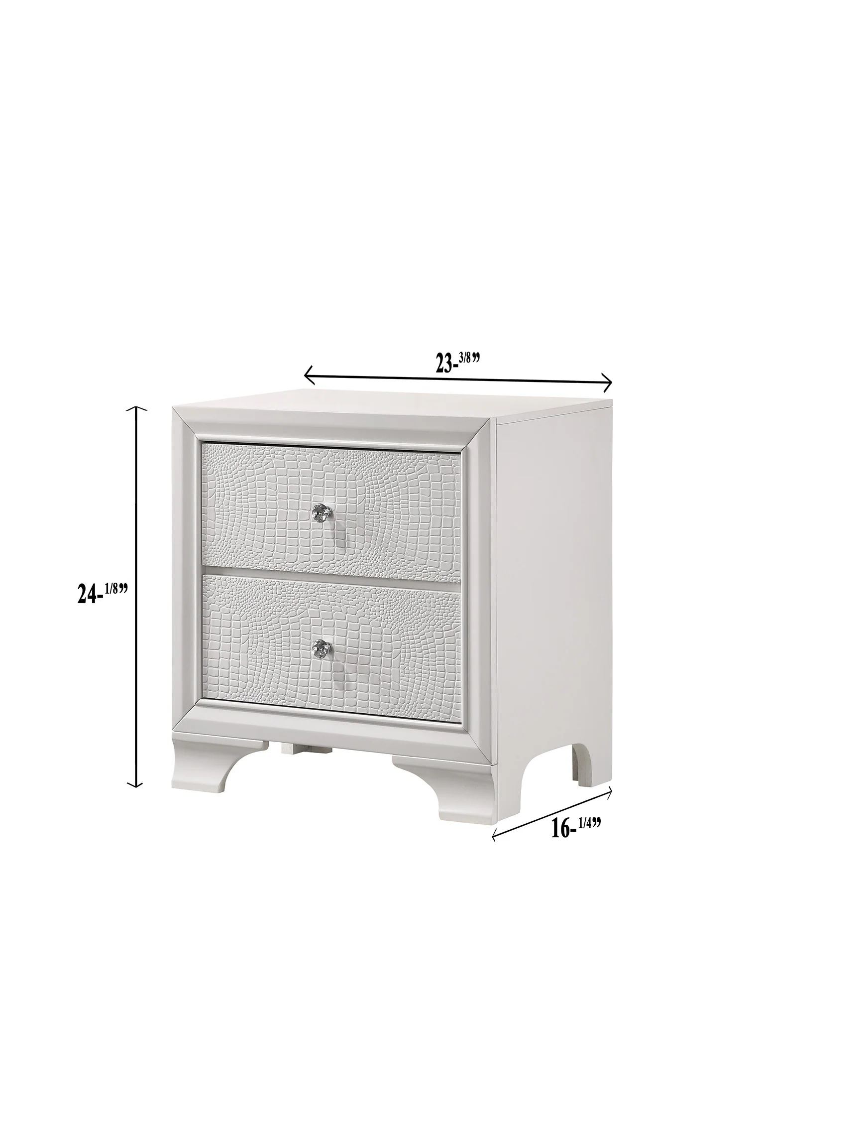 1pc Modern Glam Style Crisp White Finish Two Drawer Nightstand Embossed Crocodile Pattern