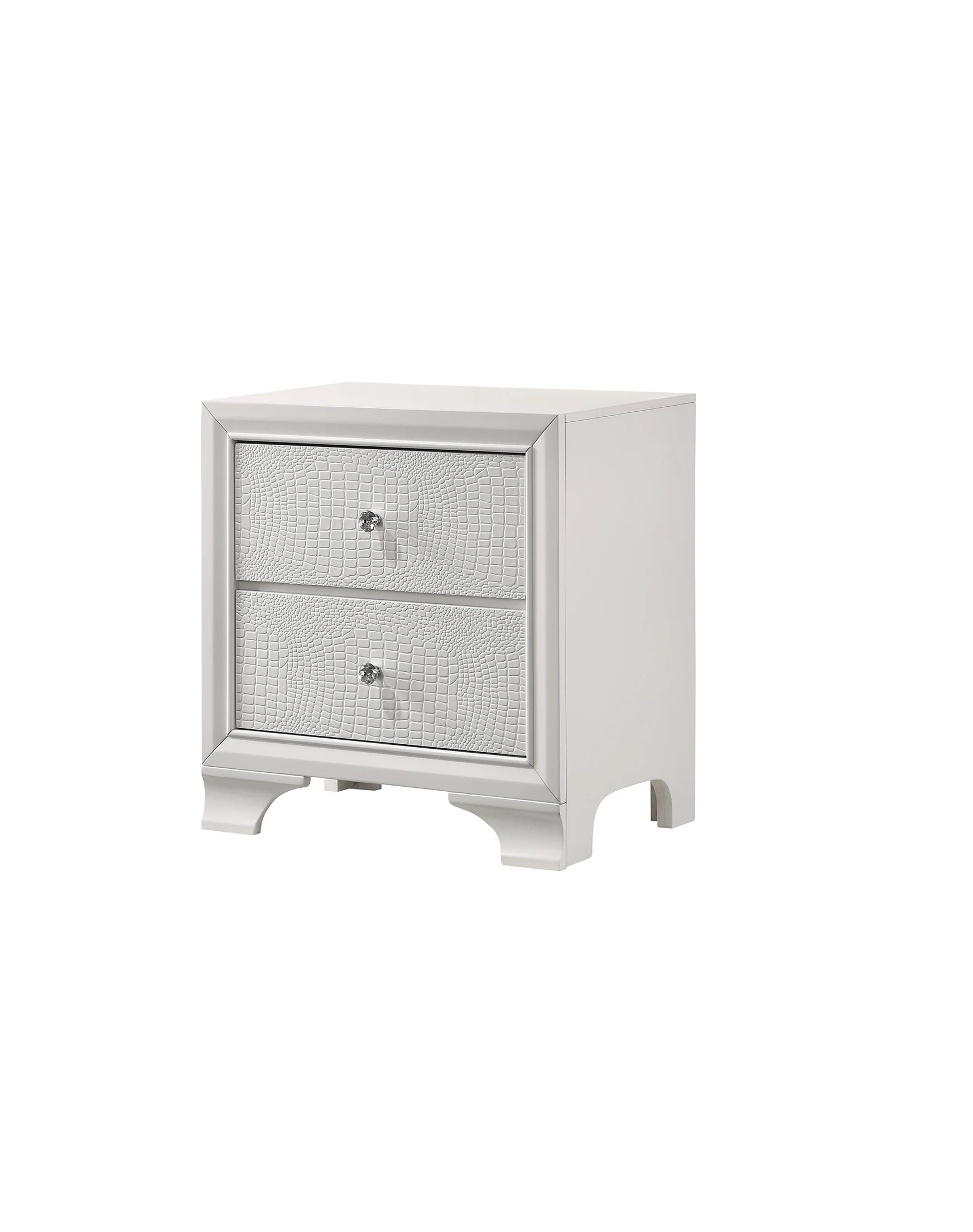 1pc Modern Glam Style Crisp White Finish Two Drawer Nightstand Embossed Crocodile Pattern