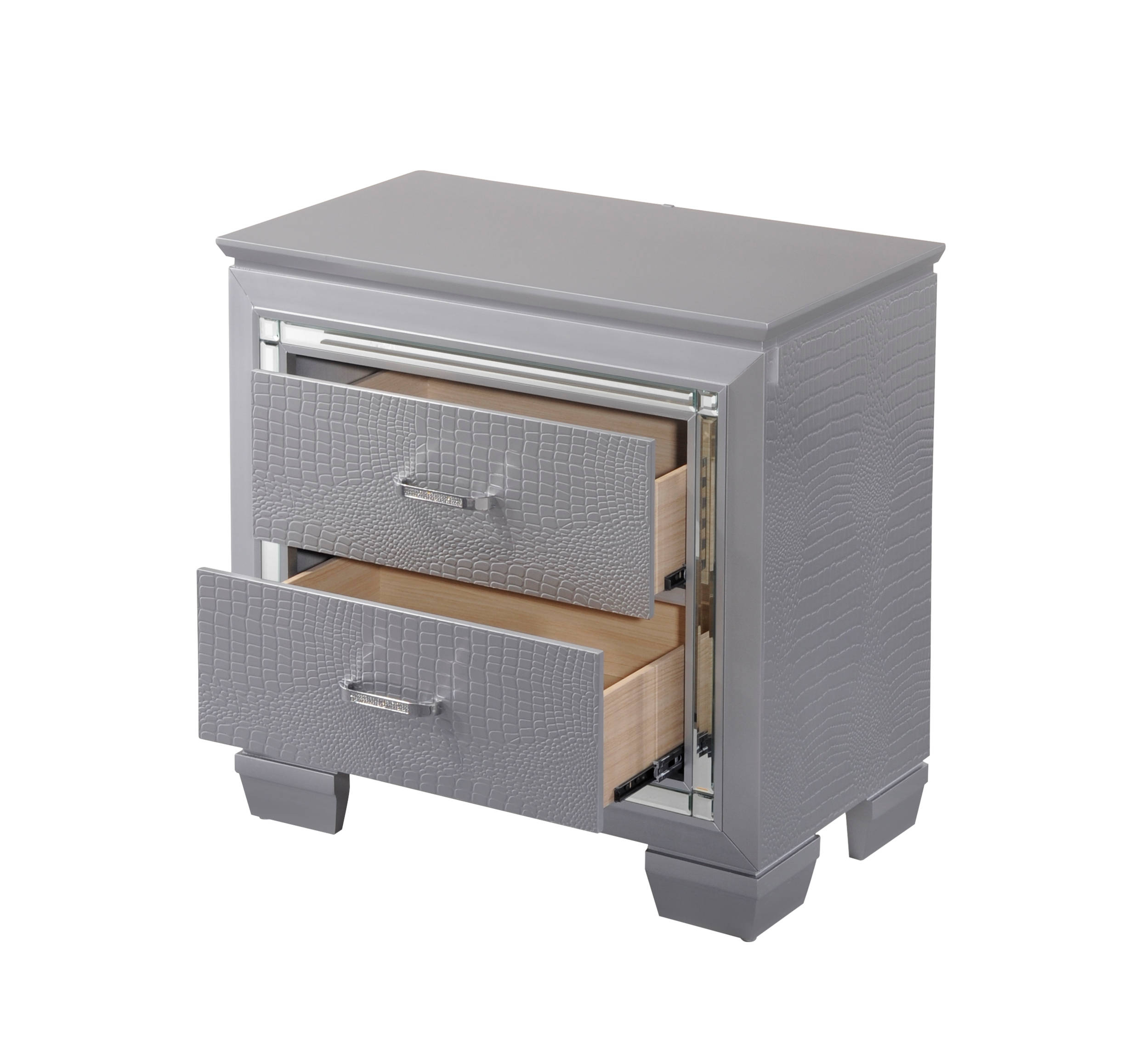 1pc Modern & Glam Style Two Drawers Nightstand Solid Wood w Built-in Night Light Silver Crocodile Finish Bedroom Furniture