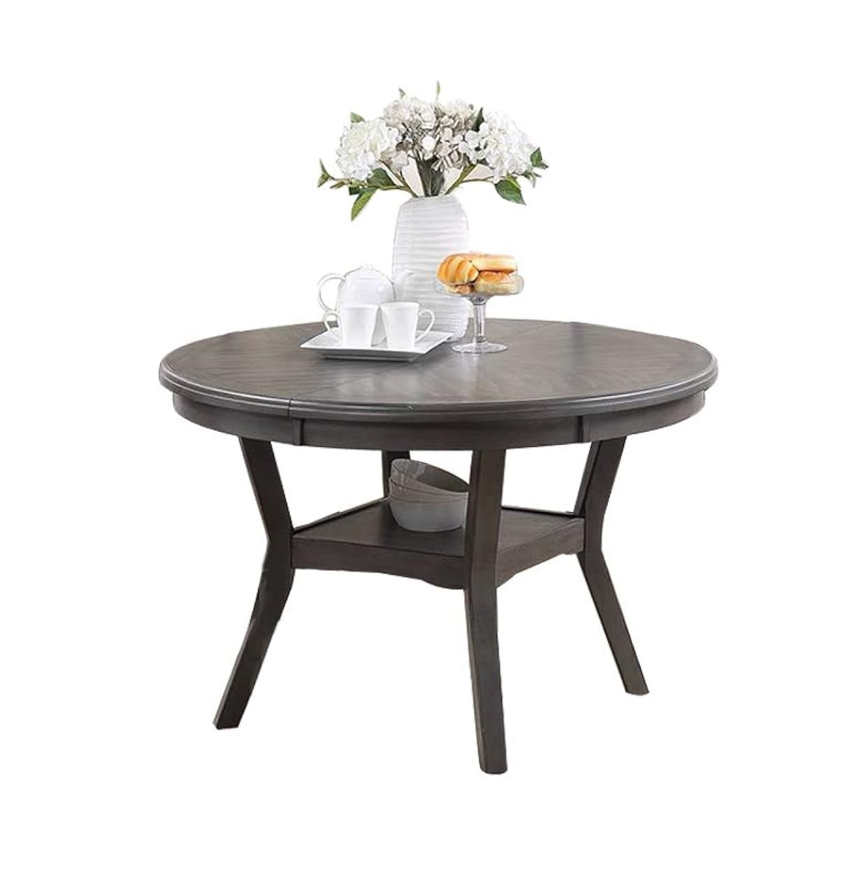 Dining Room Furniture Gray Rubber wood MDF Round Table 1pc Table w Shelve