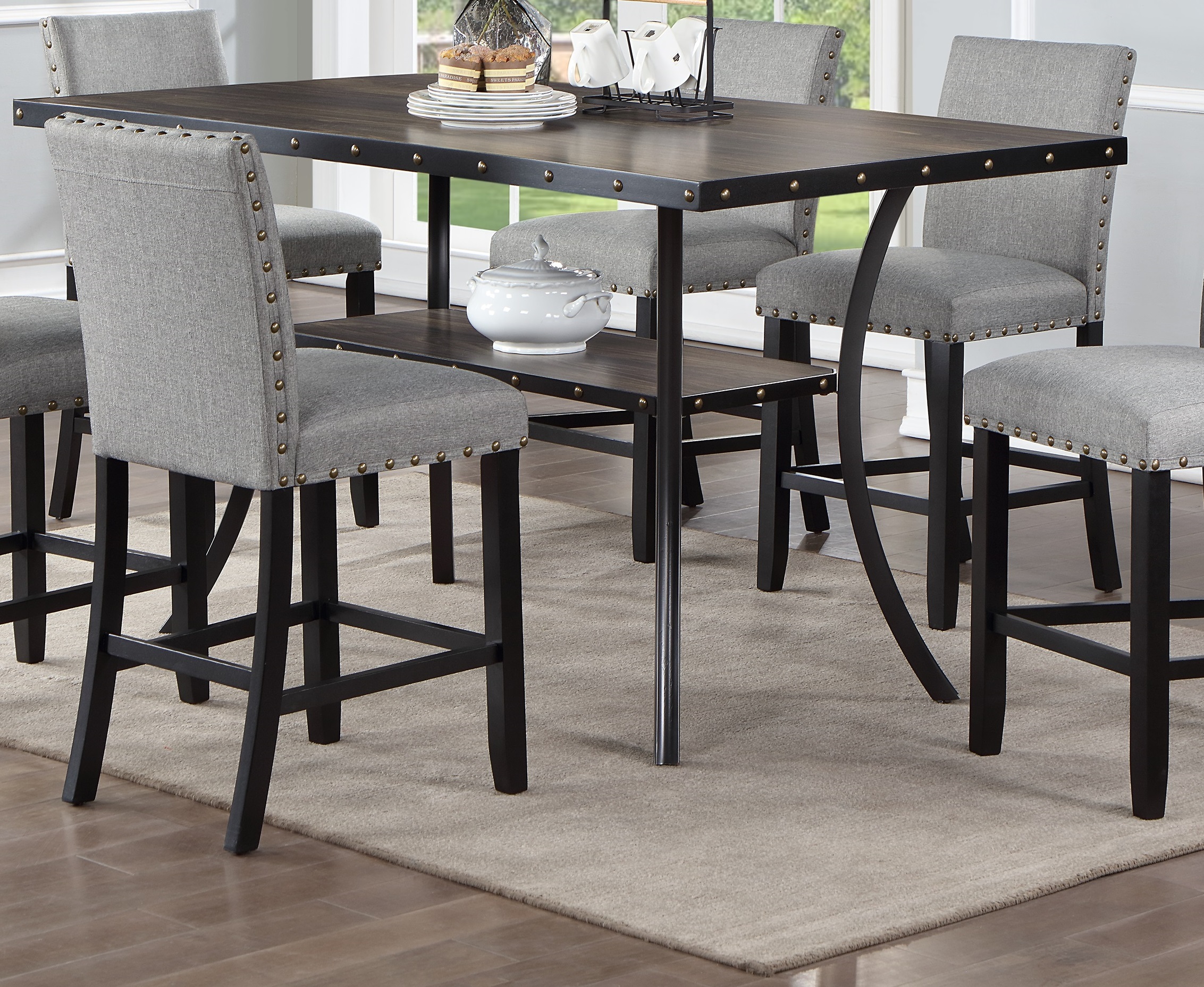 Modern Classic Dining Room Furniture Natural Wooden Dining Table 6x High Chairs Gray Fabric Nail heads Trim Storage Shelve 7pc Counter Height Dining Set