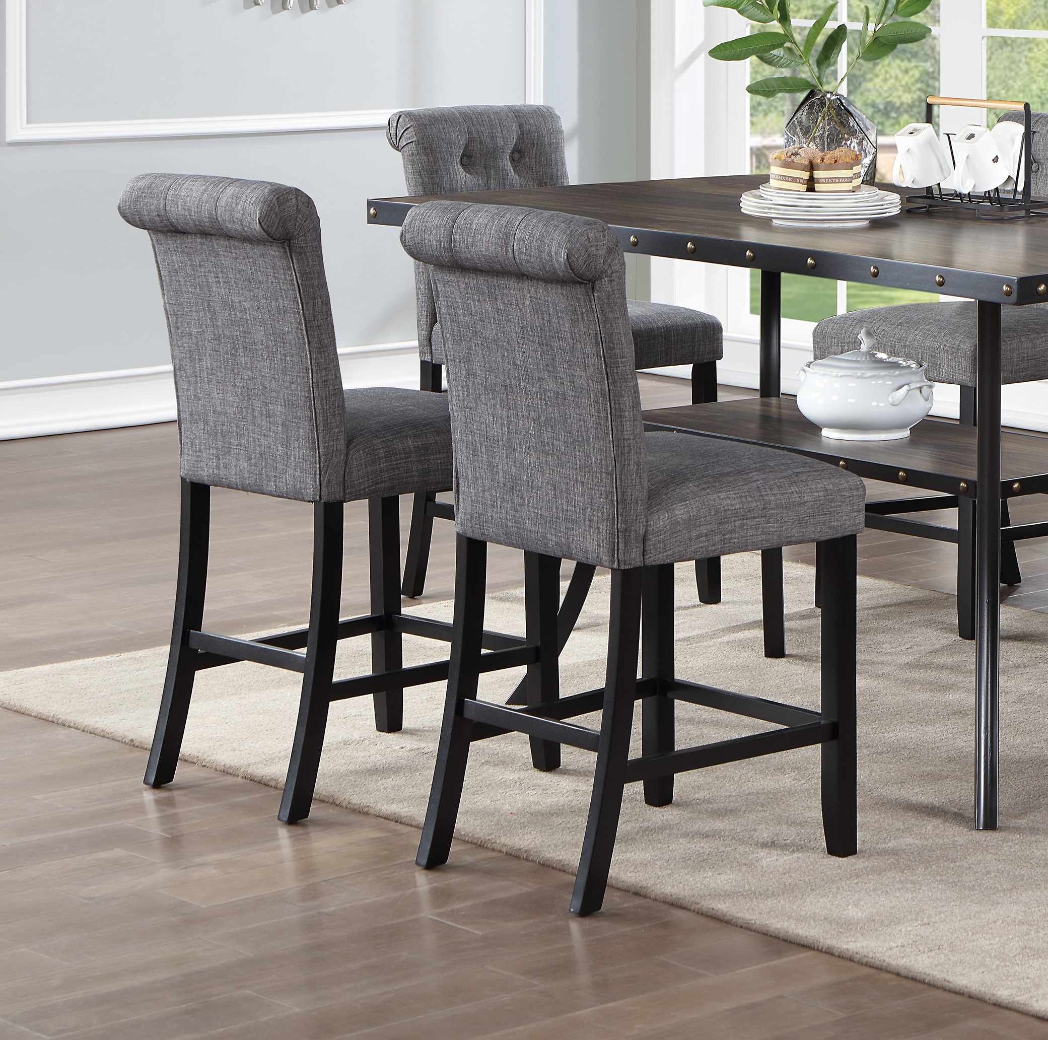 Dining Room Furniture Natural Rectangle Top Dining Table 6x High Chairs Charcoal Fabric Tufted Roll Back Top Chair Storage Shelve 7pc Counter Height Dining Set