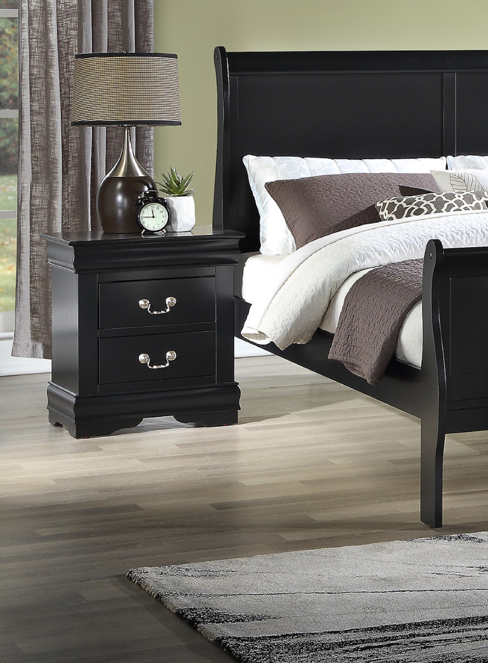 1pc Black Finish Two Drawers Louis Philip Nightstand Solid Wood Contemporary & Simple Style