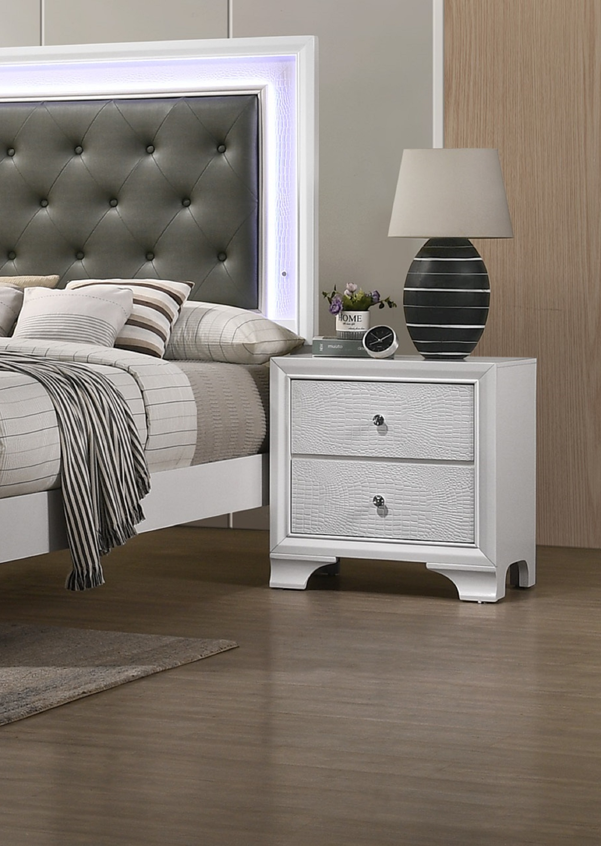 1pc Modern Glam Style Crisp White Finish Two Drawer Nightstand Embossed Crocodile Pattern